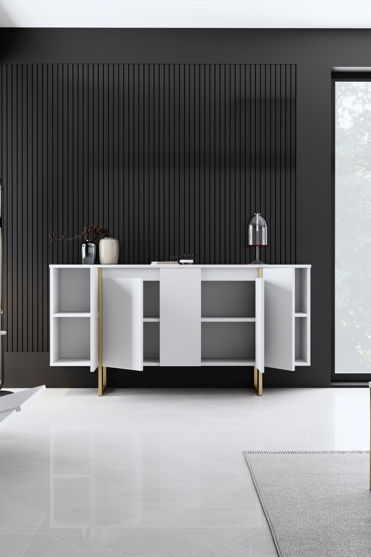 Modern Dresser White Luxury 160x80x35 - Gold Frame