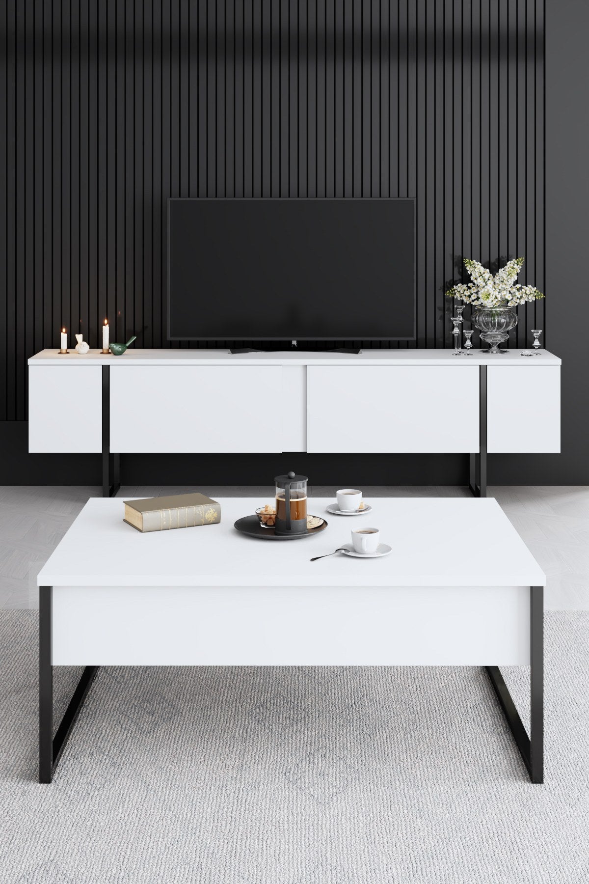 Meubelsets - Meubelset Wit Luxe - Salontafel + TV Meubel + Dressoir - Zwart Frame - Dimehouse