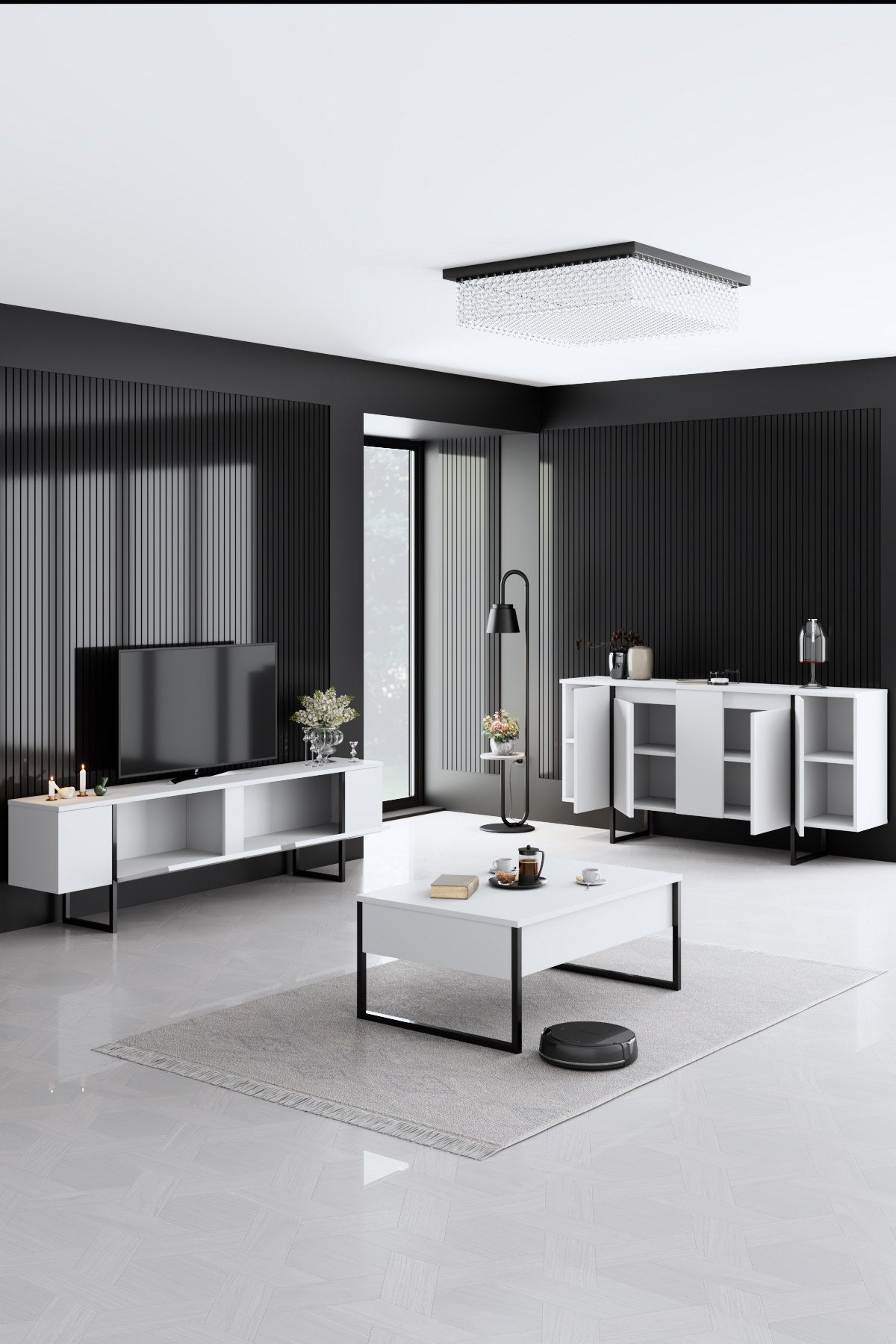 Meubelsets - Meubelset Wit Luxe - Salontafel + TV Meubel + Dressoir - Zwart Frame - Dimehouse