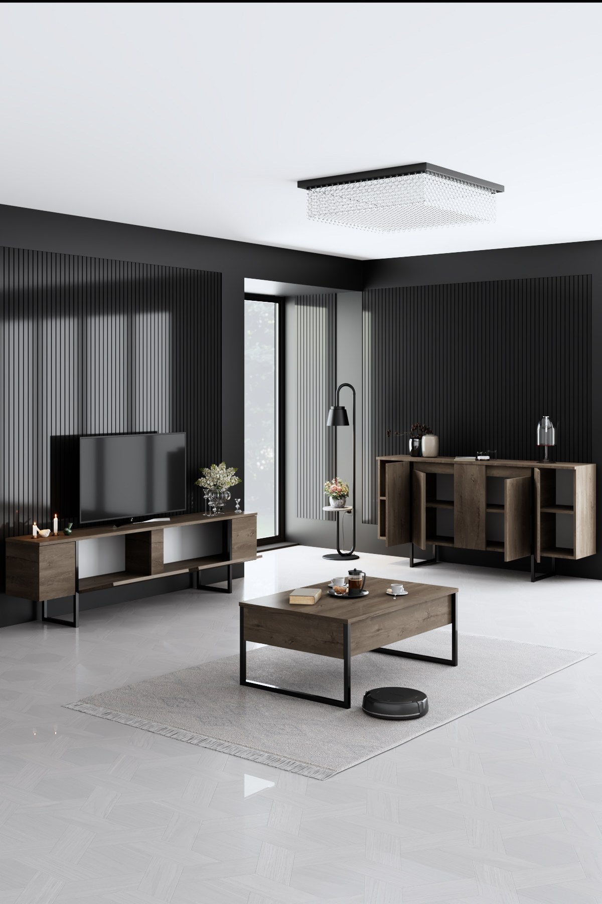 Furniture set Walnut Luxe - Coffee table + TV cabinet + sideboard - Black frame