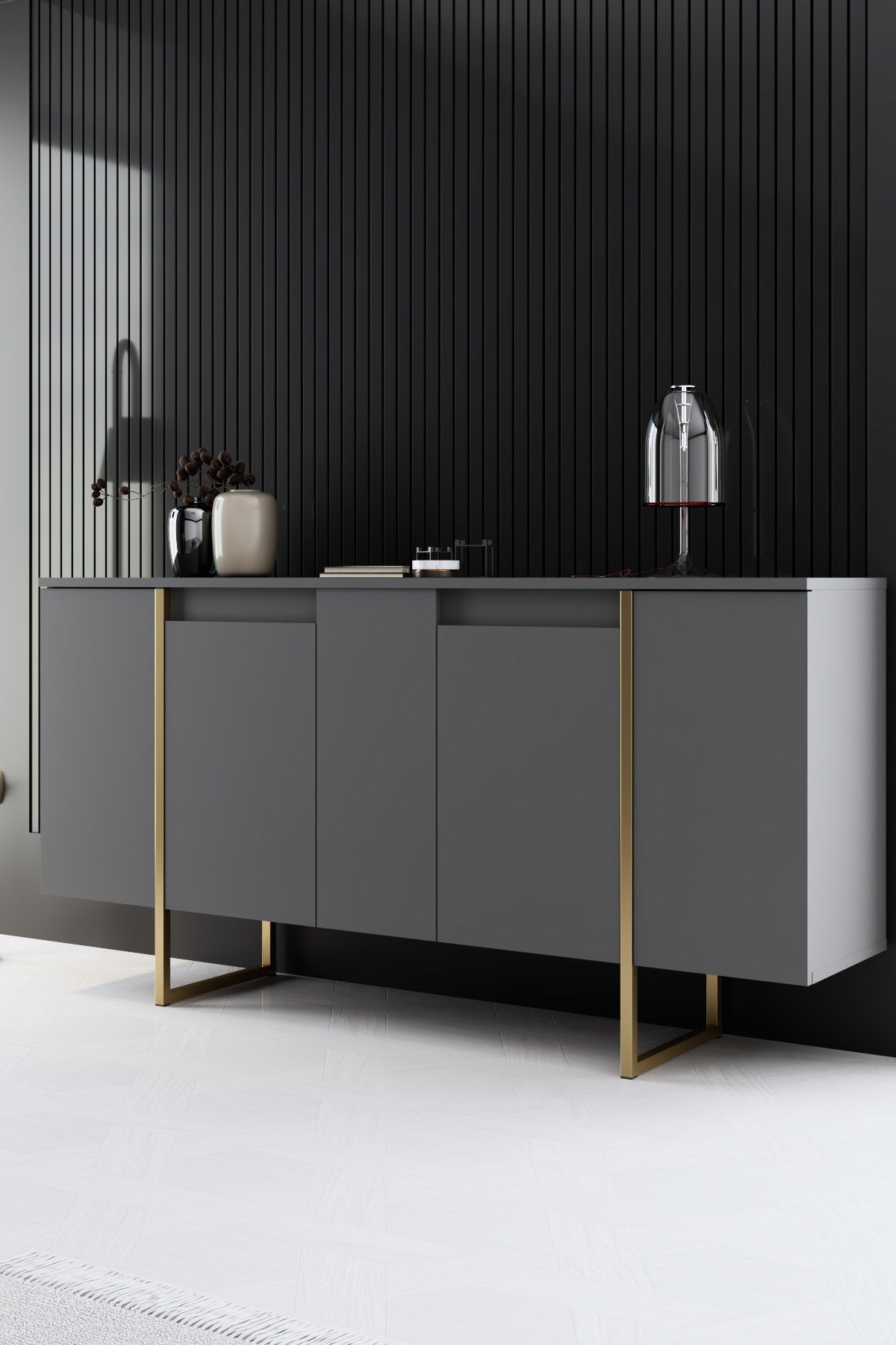 Meubelsets - Meubelset Antraciet Luxe - Salontafel + TV Meubel + Dressoir - Gouden Frame - Dimehouse