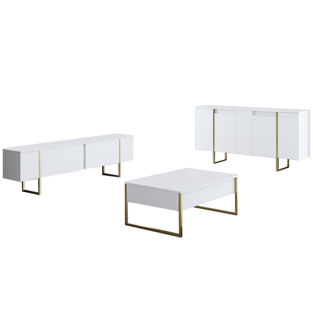 Furniture Set White Luxury - Coffee Table + TV Cabinet + Dresser - Gold Frame