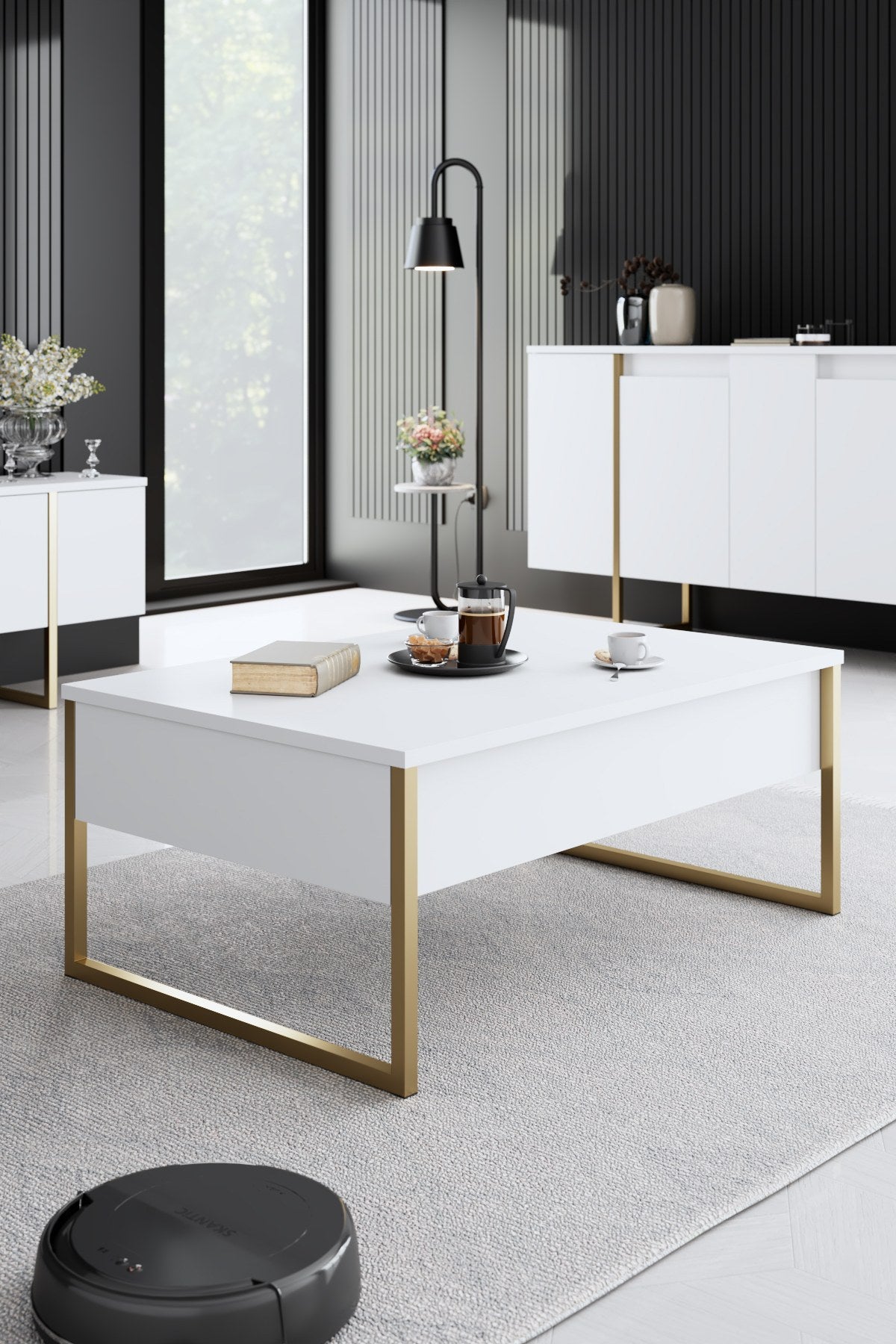 Furniture Set White Luxury - Coffee Table + TV Cabinet + Dresser - Gold Frame