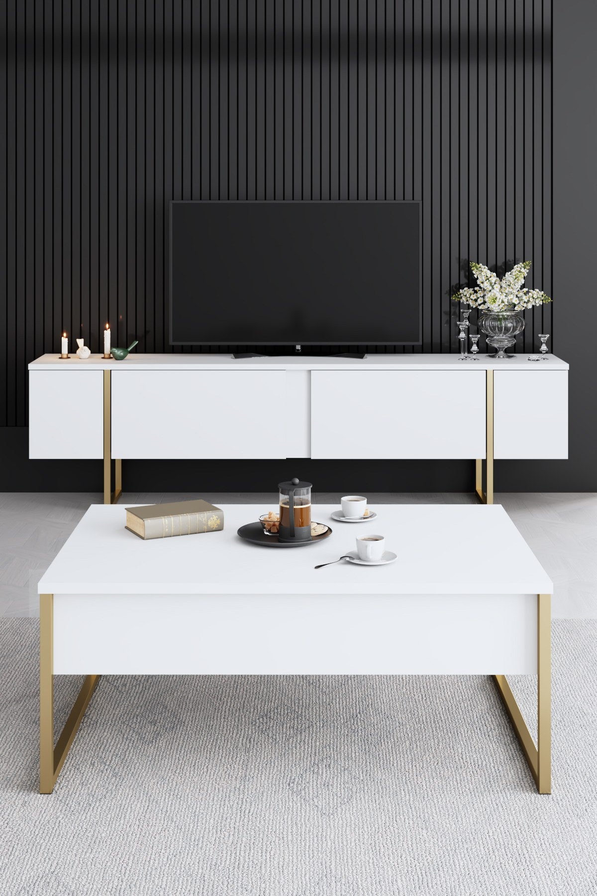 Furniture Set White Luxury - Coffee Table + TV Cabinet + Dresser - Gold Frame