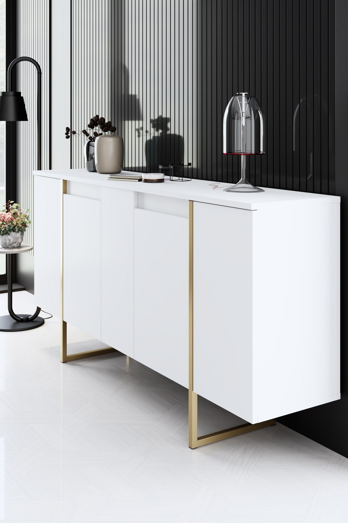 Furniture Set White Luxury - Coffee Table + TV Cabinet + Dresser - Gold Frame
