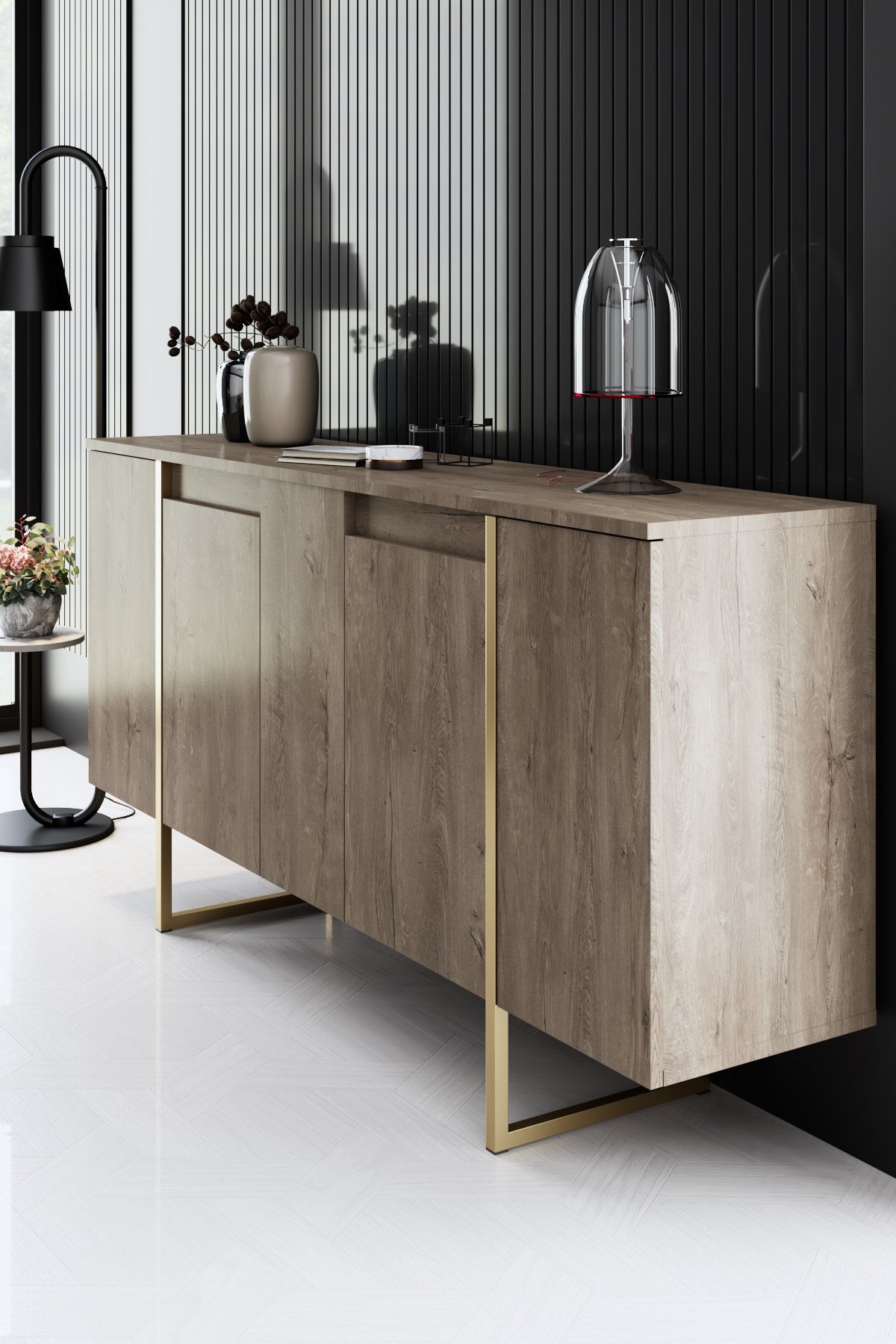 Furniture set Walnut Luxe - Coffee table + TV cabinet + sideboard - Gold frame