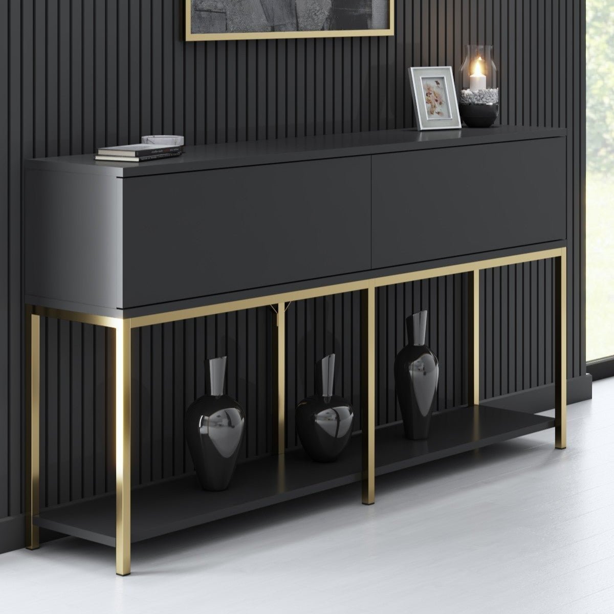 Modern Dresser Anthracite Lord 150x30x80 - Golden Frame - Two Compartments