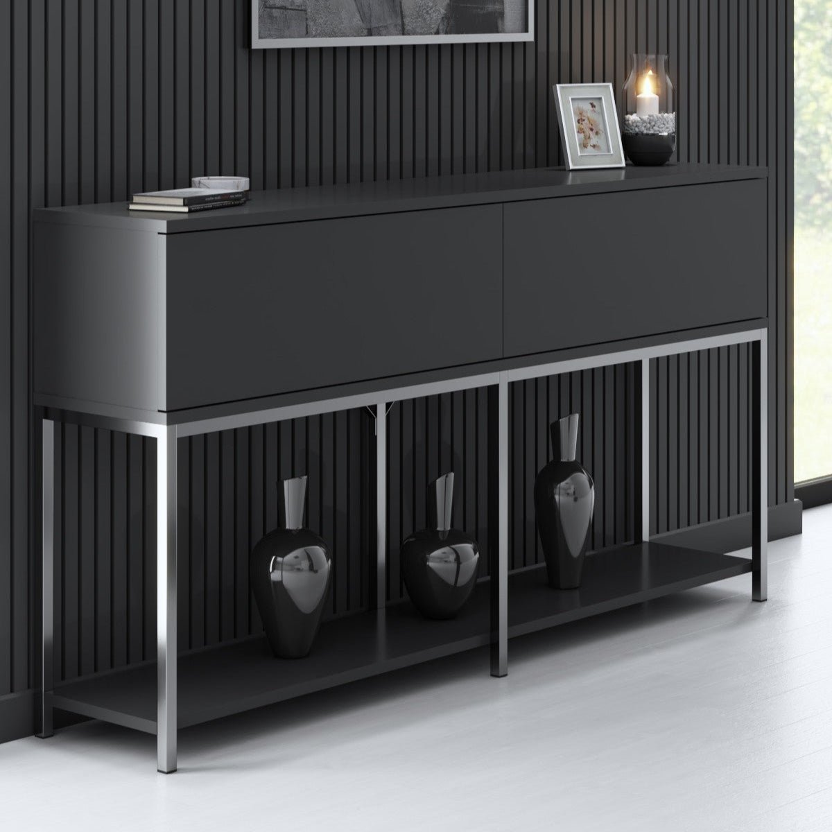 Modern Dresser Anthracite Lord 150x30x80 - Silver Frame - Two Compartments