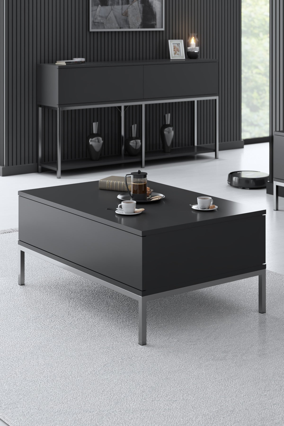 Furniture Set Anthracite Lord - Coffee Table + TV Cabinet + Dresser - Silver Frame