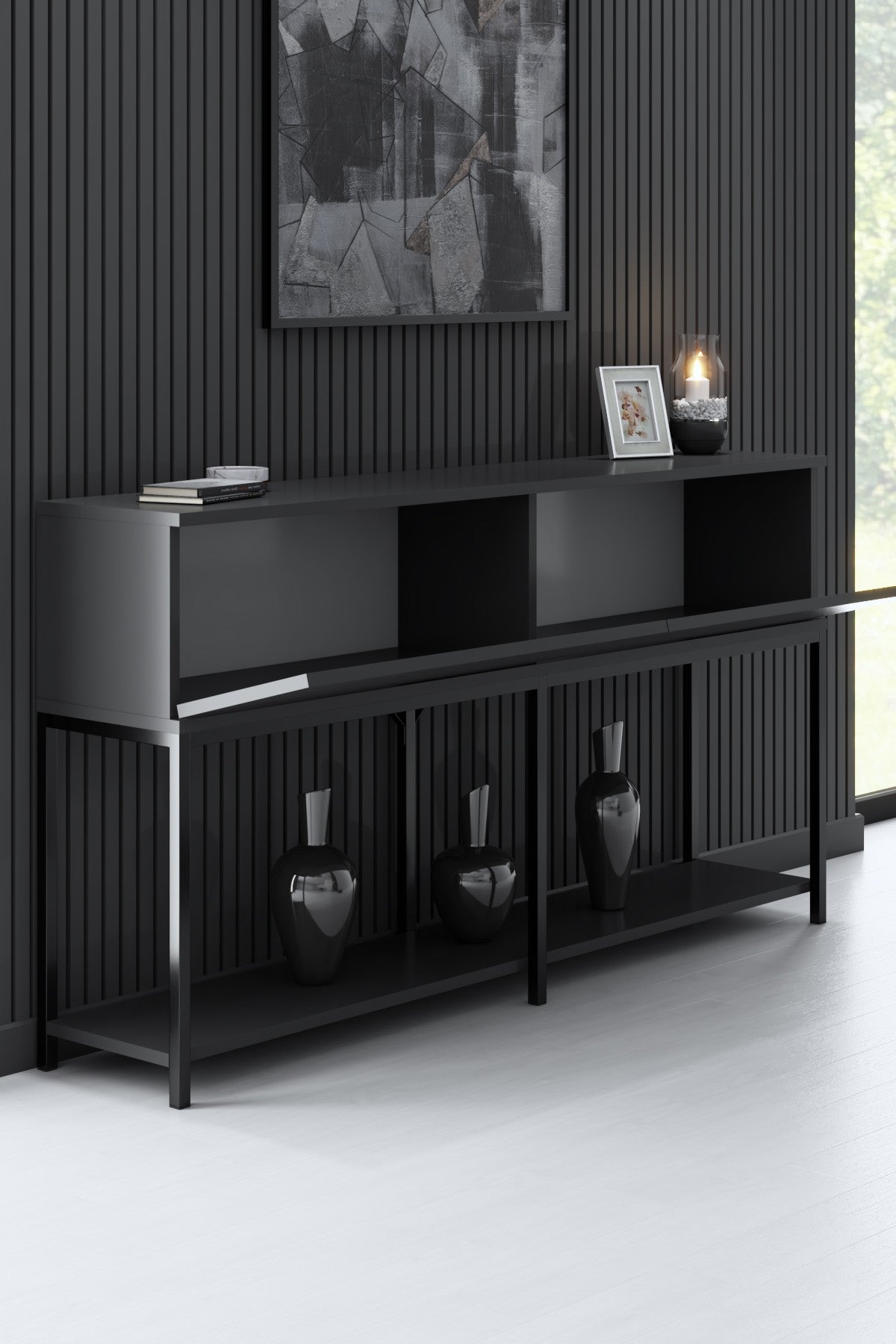 Modern Dressoir Anthracite Lord 150x30x80 - Black Frame - Two Compartments
