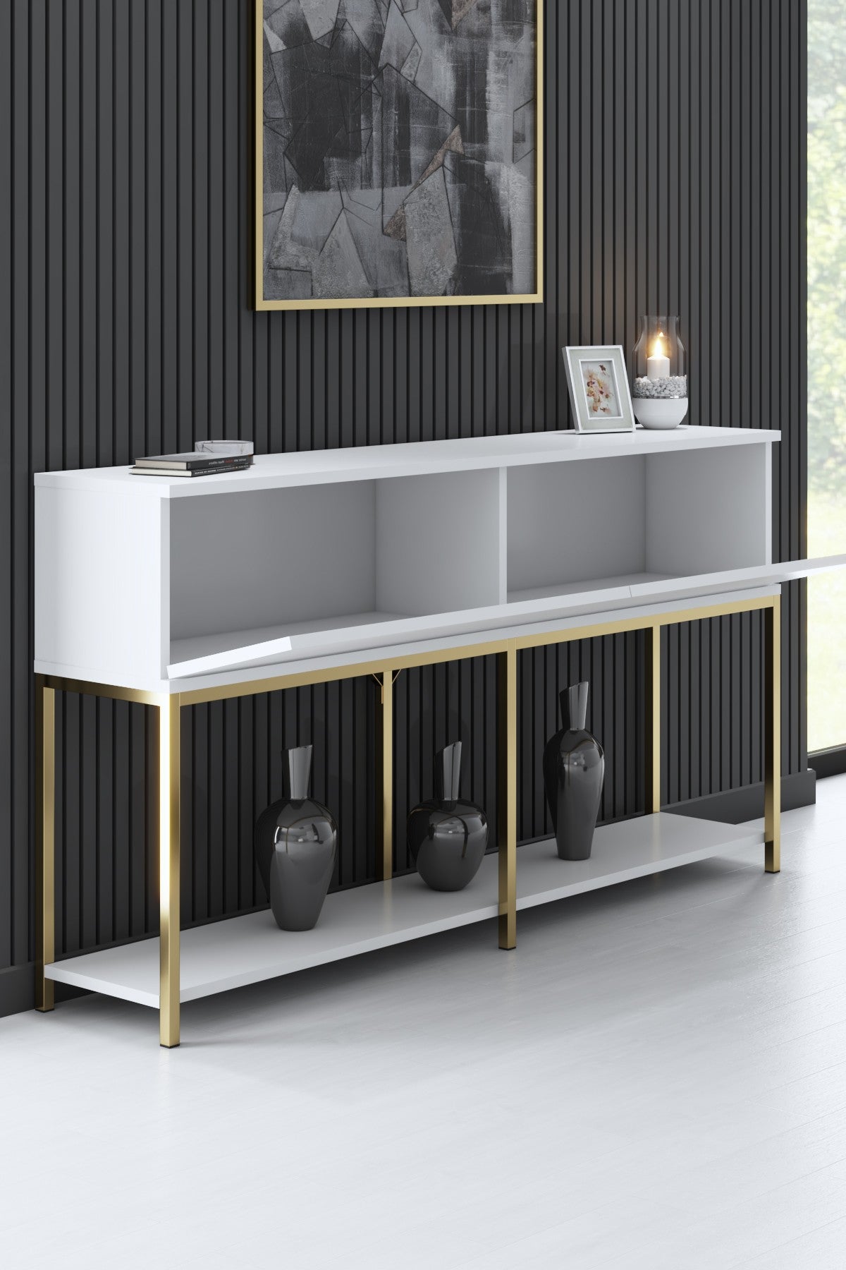 Modern Sideboard White Lord 150x30x80 - Gold Frame - Two Compartments