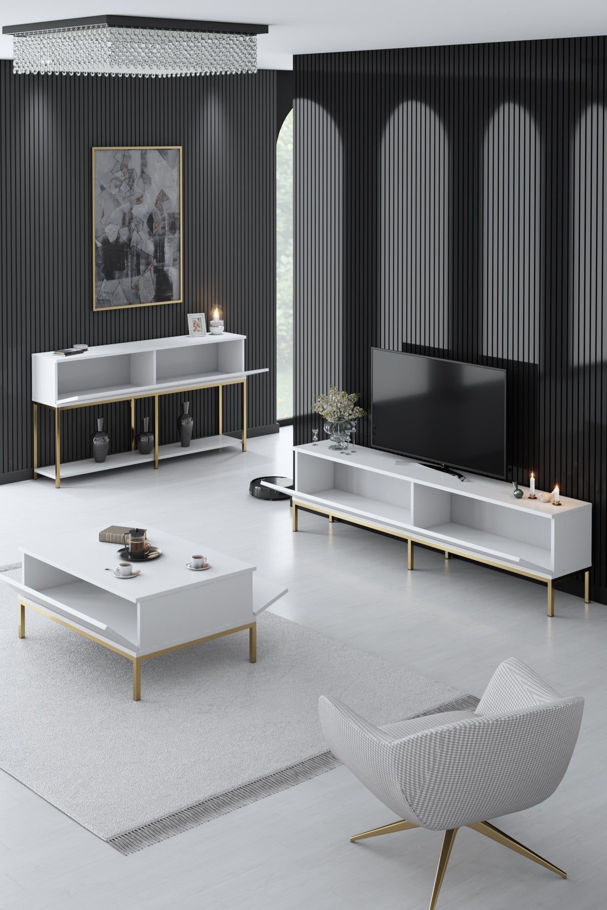 Furniture Set White Lord - Coffee Table + TV Cabinet + Sideboard - Gold Frame