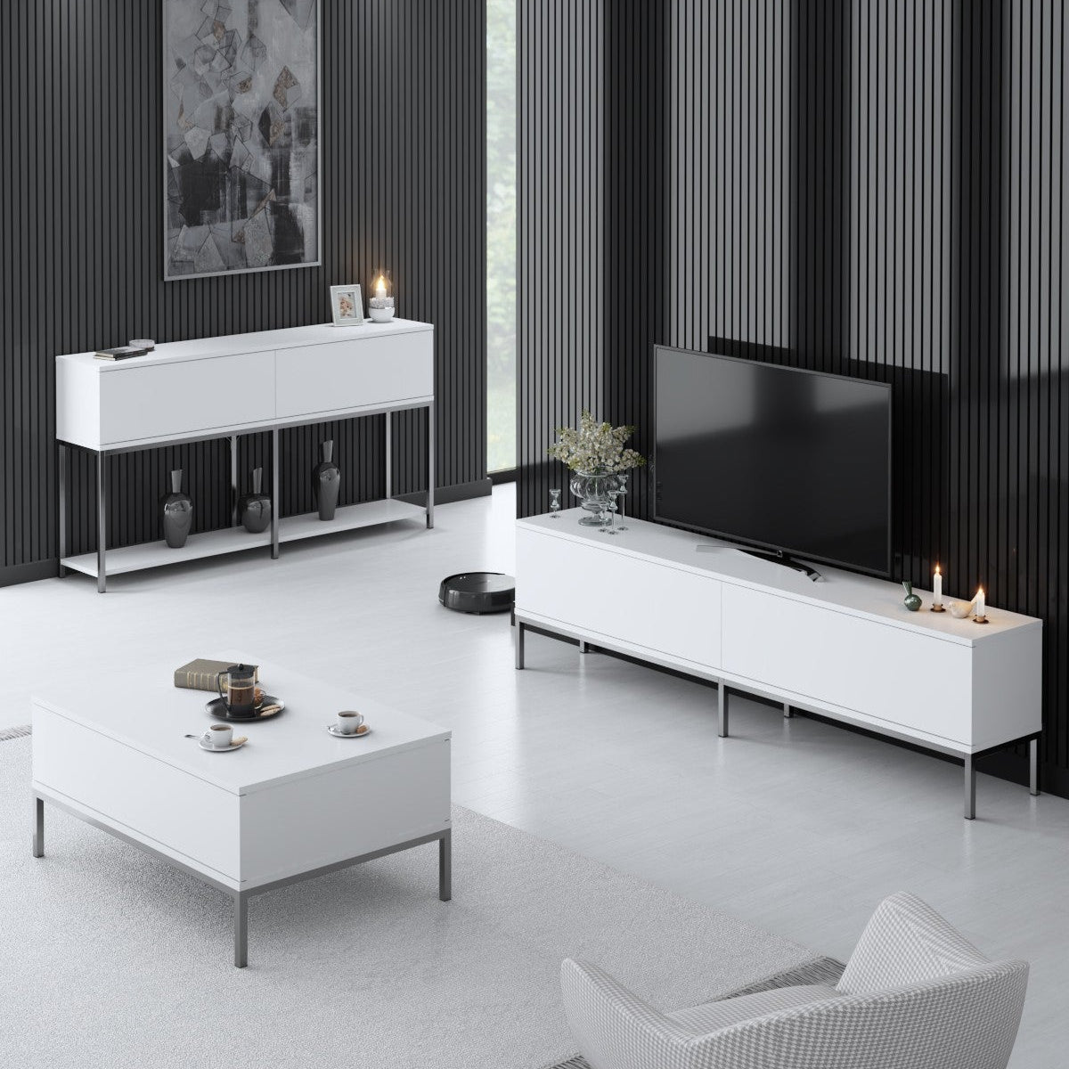 White Lord Furniture Set - Coffee Table + TV Furniture + Sideboard - Silver Frame