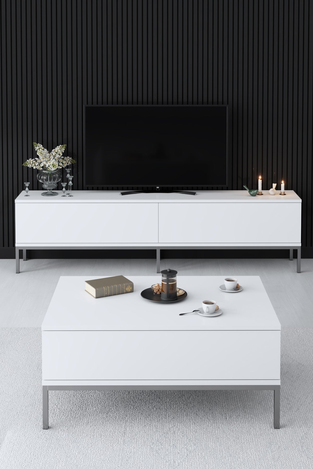 White Lord Furniture Set - Coffee Table + TV Furniture + Sideboard - Silver Frame