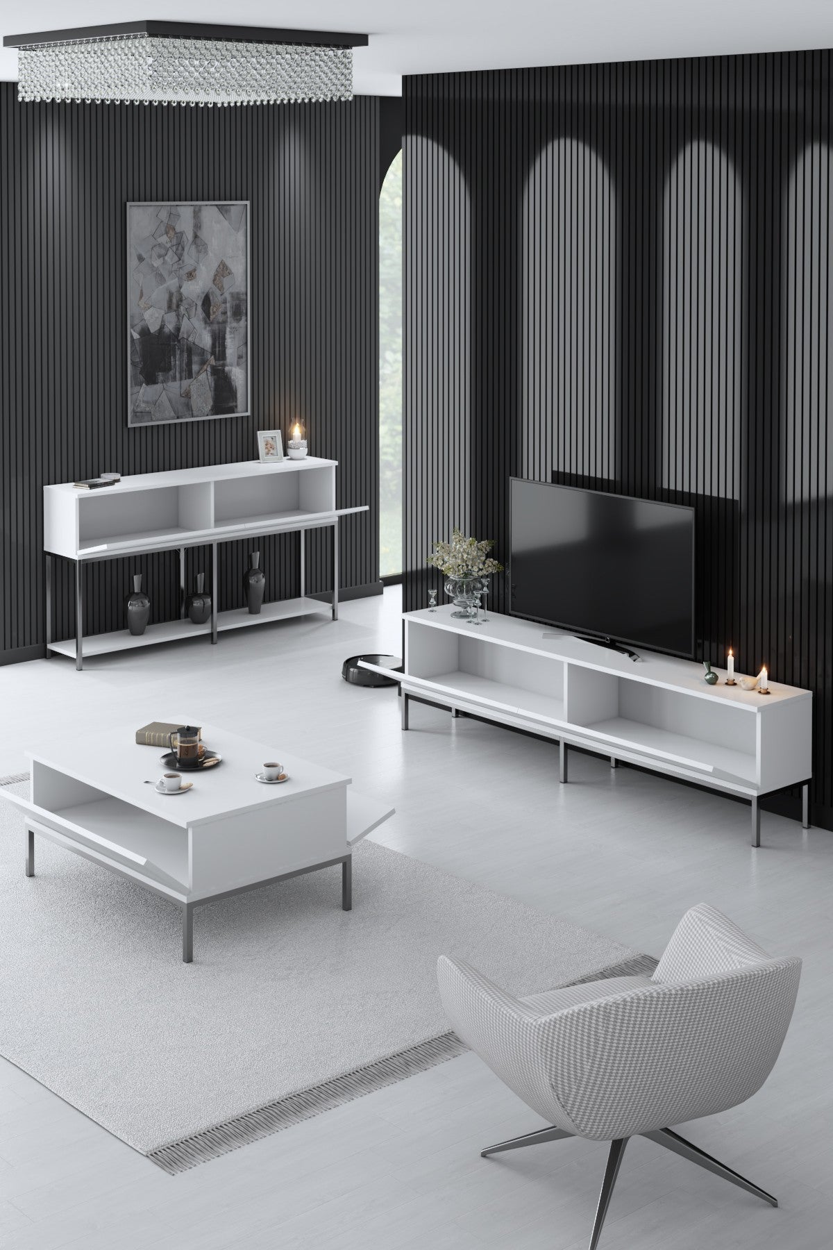 White Lord Furniture Set - Coffee Table + TV Furniture + Sideboard - Silver Frame