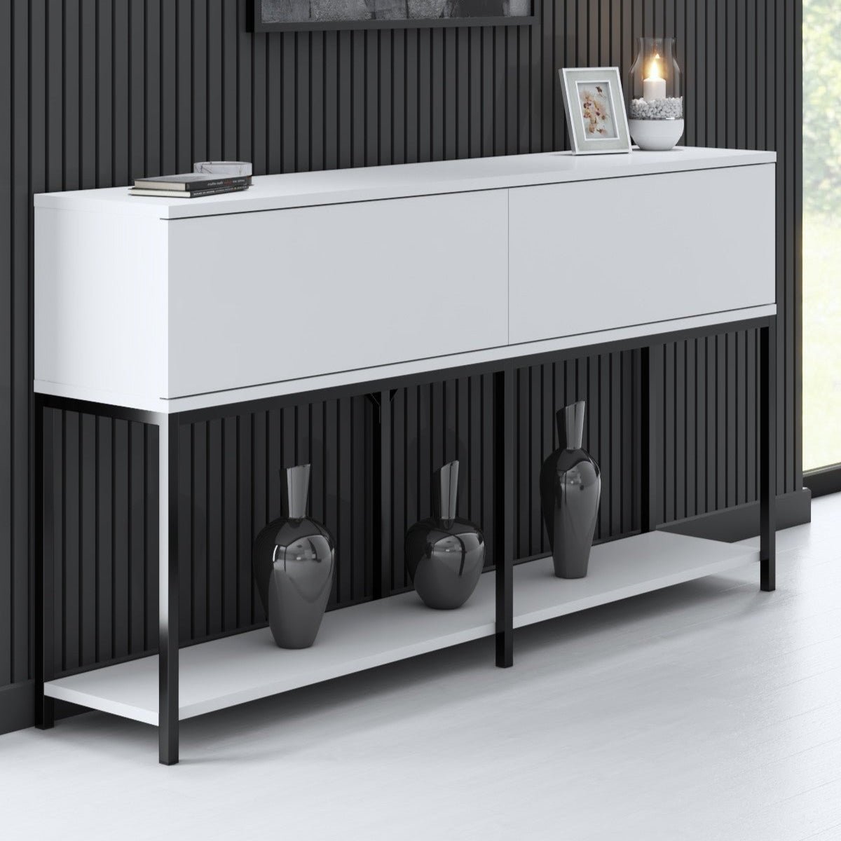 Modern Sideboard White Lord 150x30x80 - Black Frame - Two Compartments