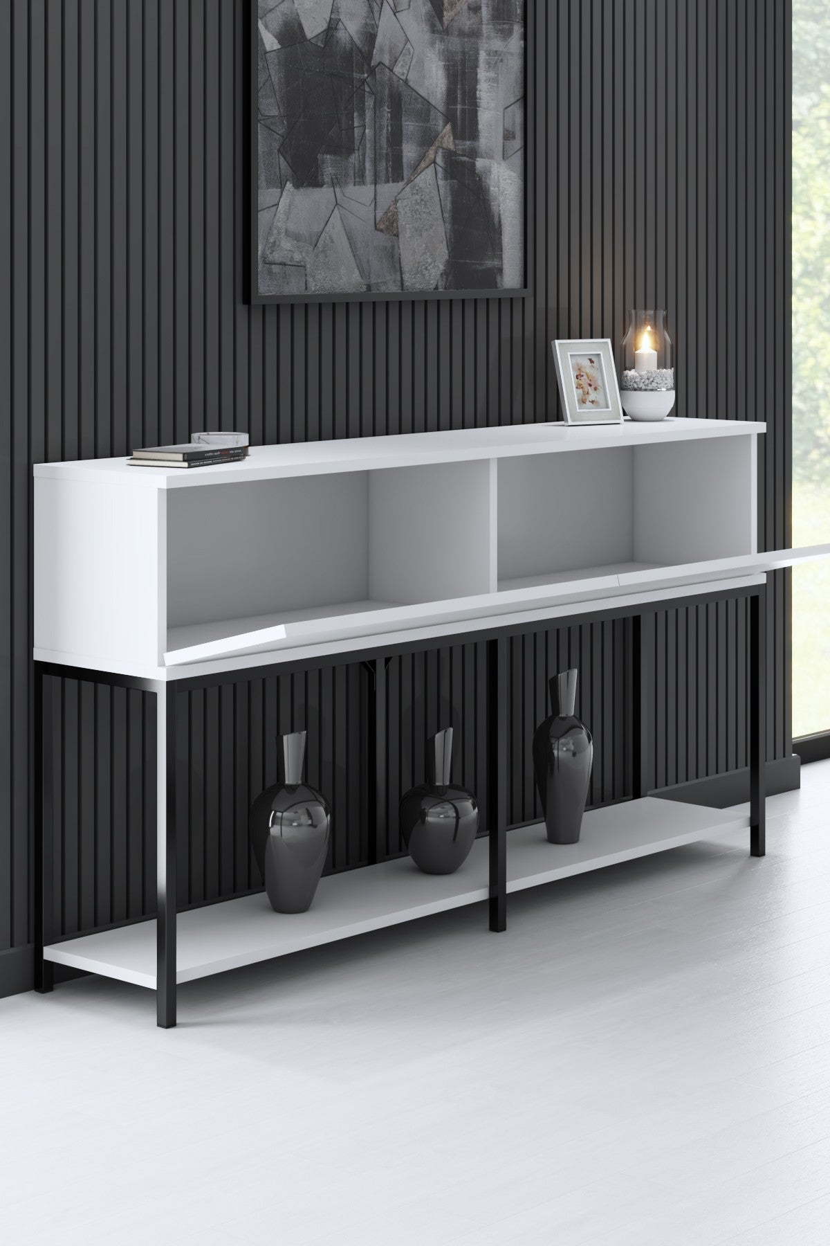 Modern Sideboard White Lord 150x30x80 - Black Frame - Two Compartments