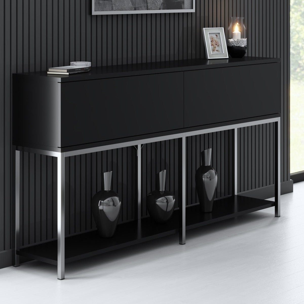 Modern Sideboard Black Lord 150x30x80 - Silver Frame - Two Compartments