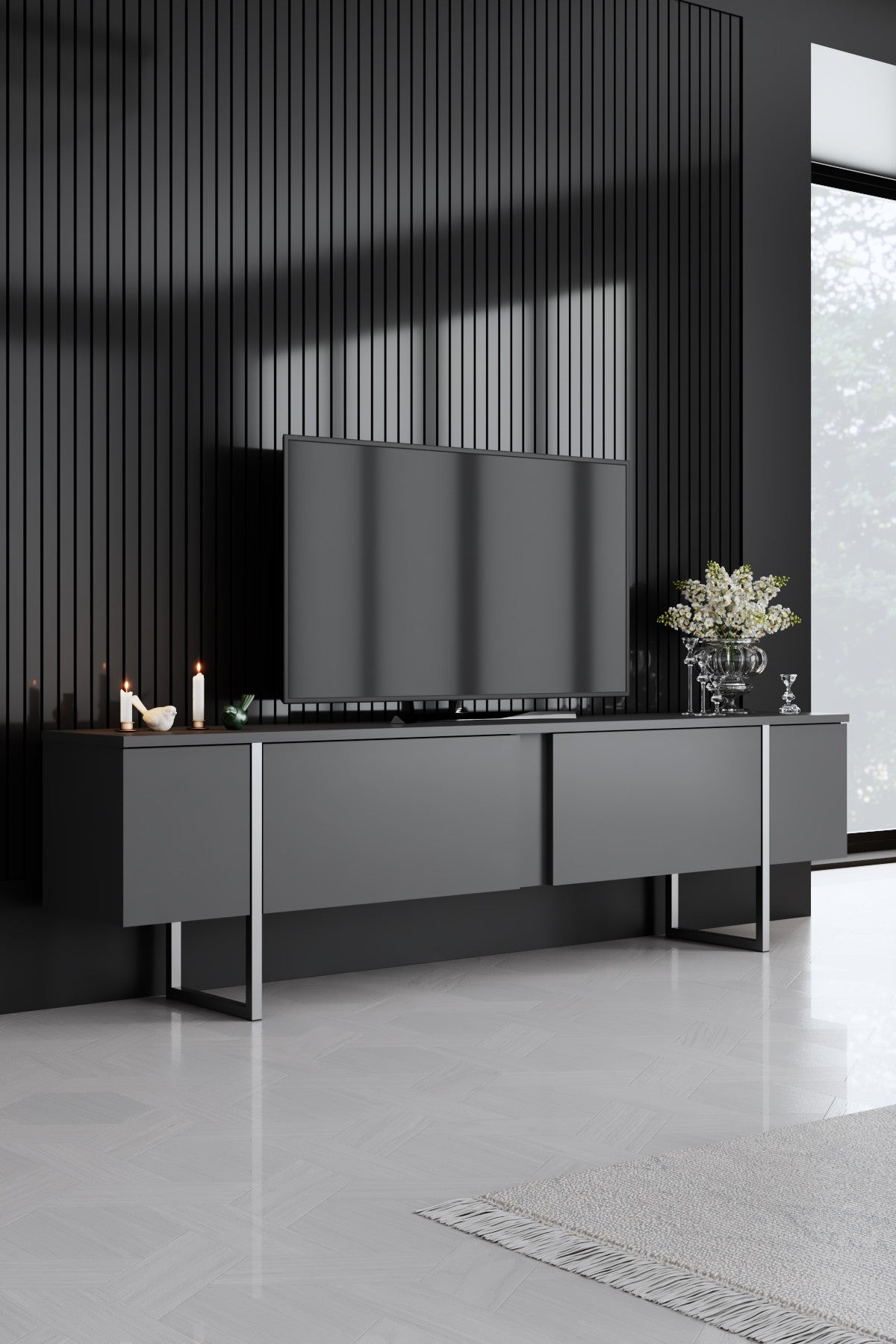 Furniture Set Anthracite Luxe - Coffee Table + TV Cabinet + Dresser - Silver Frame
