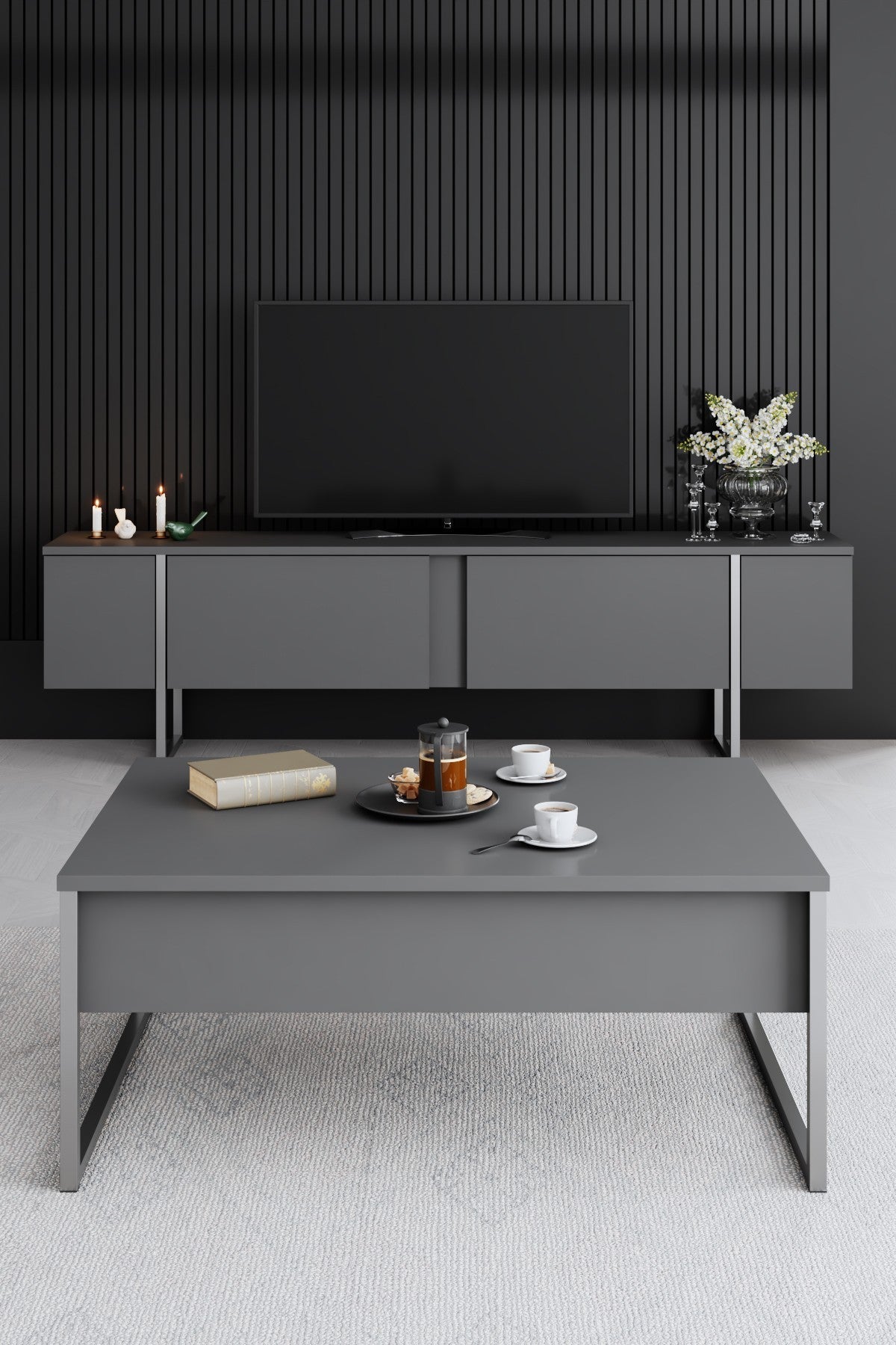 Furniture Set Anthracite Luxe - Coffee Table + TV Cabinet + Dresser - Silver Frame