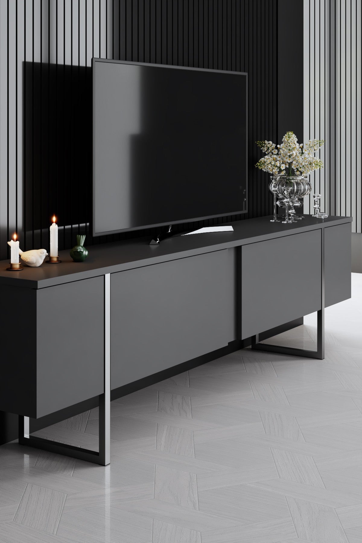 Furniture Set Anthracite Luxe - Coffee Table + TV Cabinet + Dresser - Silver Frame