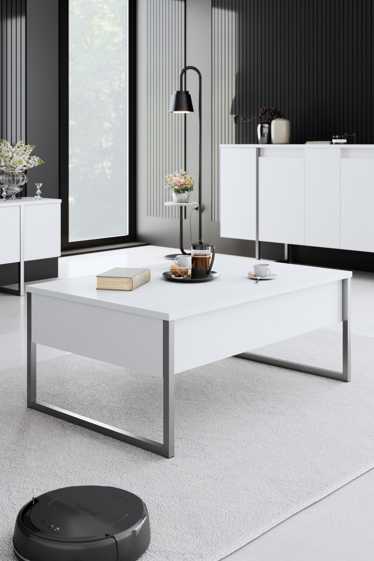 Furniture Set White Luxury - Coffee Table + TV Cabinet + Dresser Luxury - Silver Frame