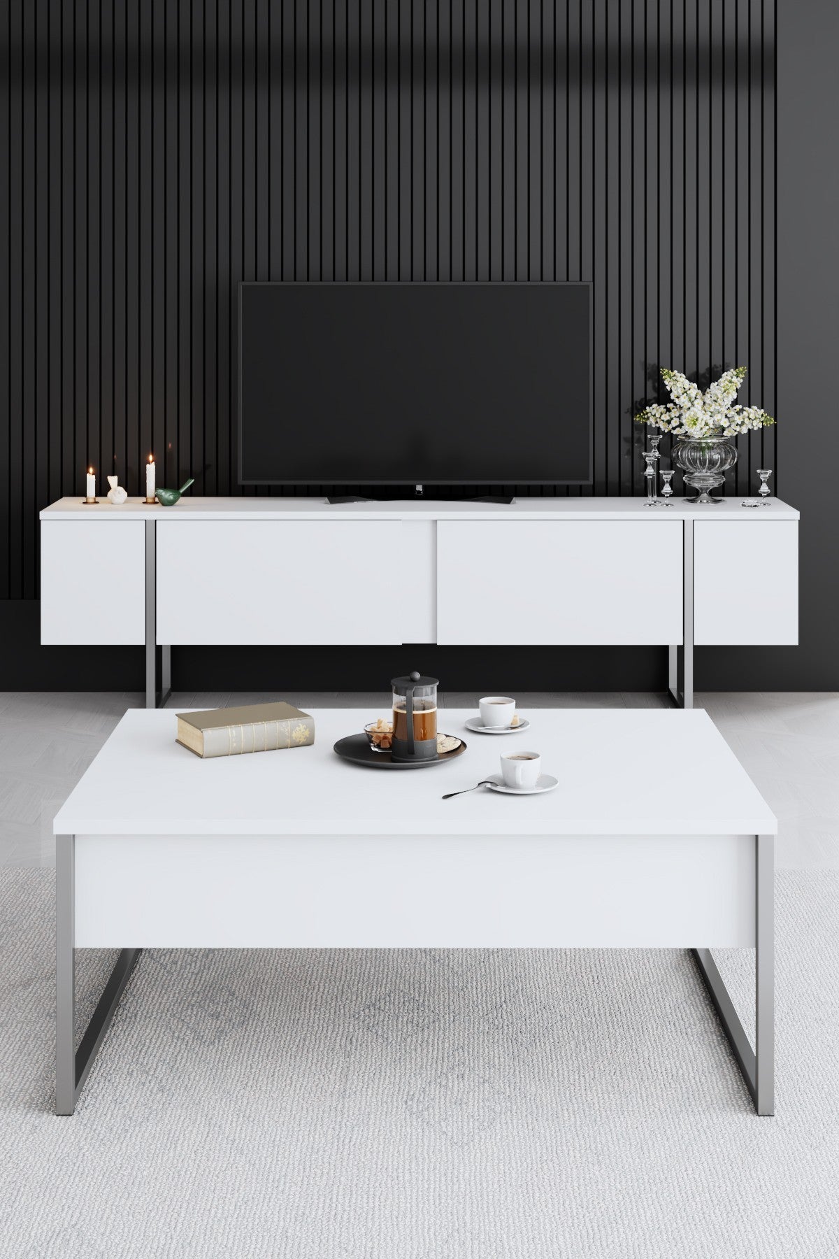 Furniture Set White Luxury - Coffee Table + TV Cabinet + Dresser Luxury - Silver Frame