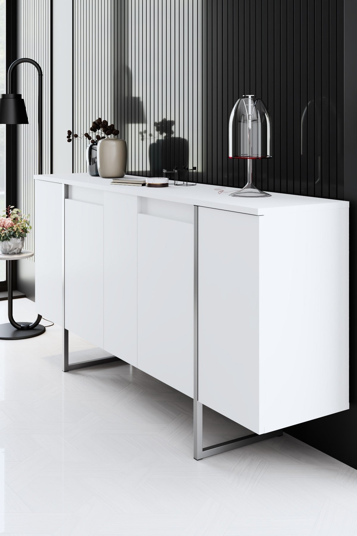 Furniture Set White Luxury - Coffee Table + TV Cabinet + Dresser Luxury - Silver Frame