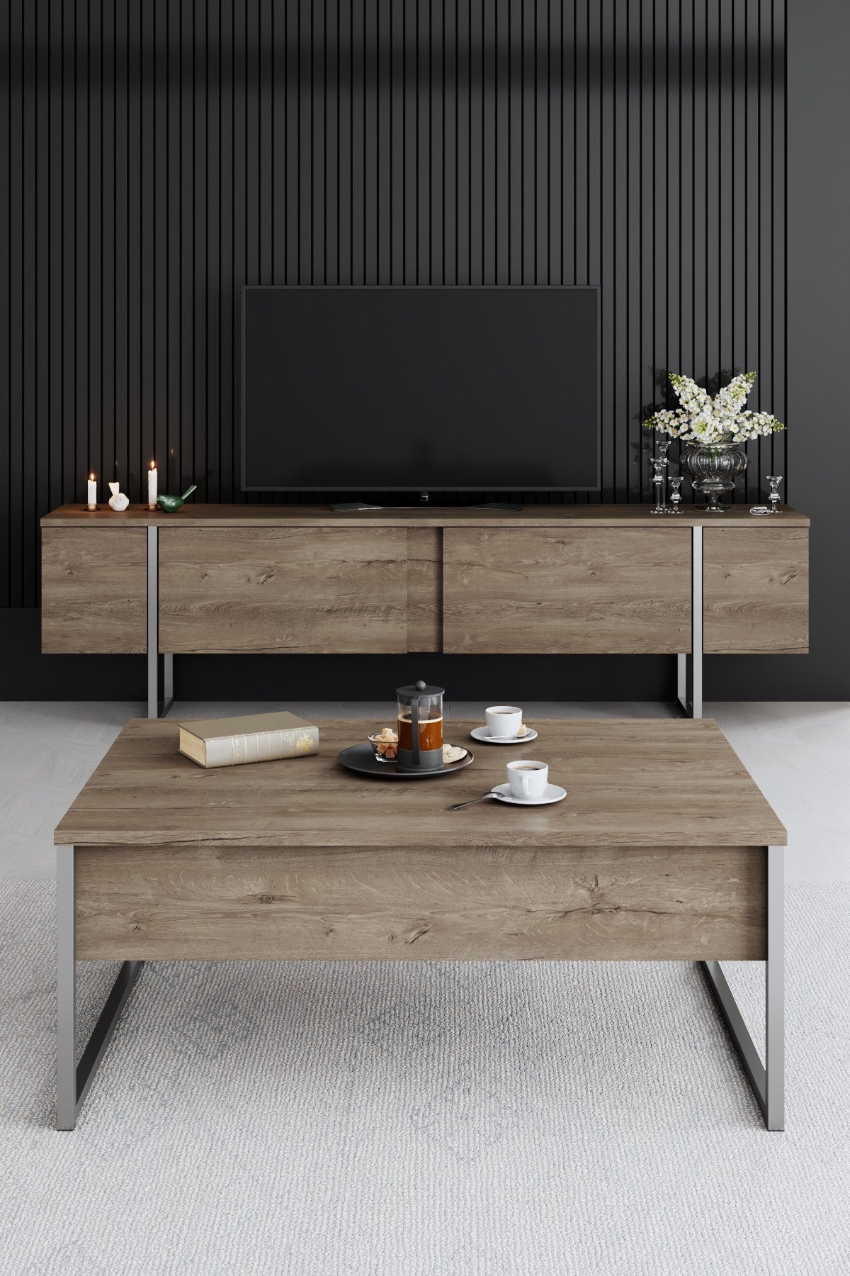 Furniture Set Walnut Luxe - Coffee table + TV cabinet + sideboard - Silver frame