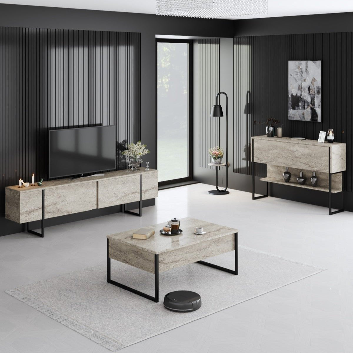Furniture Set Travertine Luxe - Coffee Table + TV Cabinet + Sideboard Luxe - Black Frame