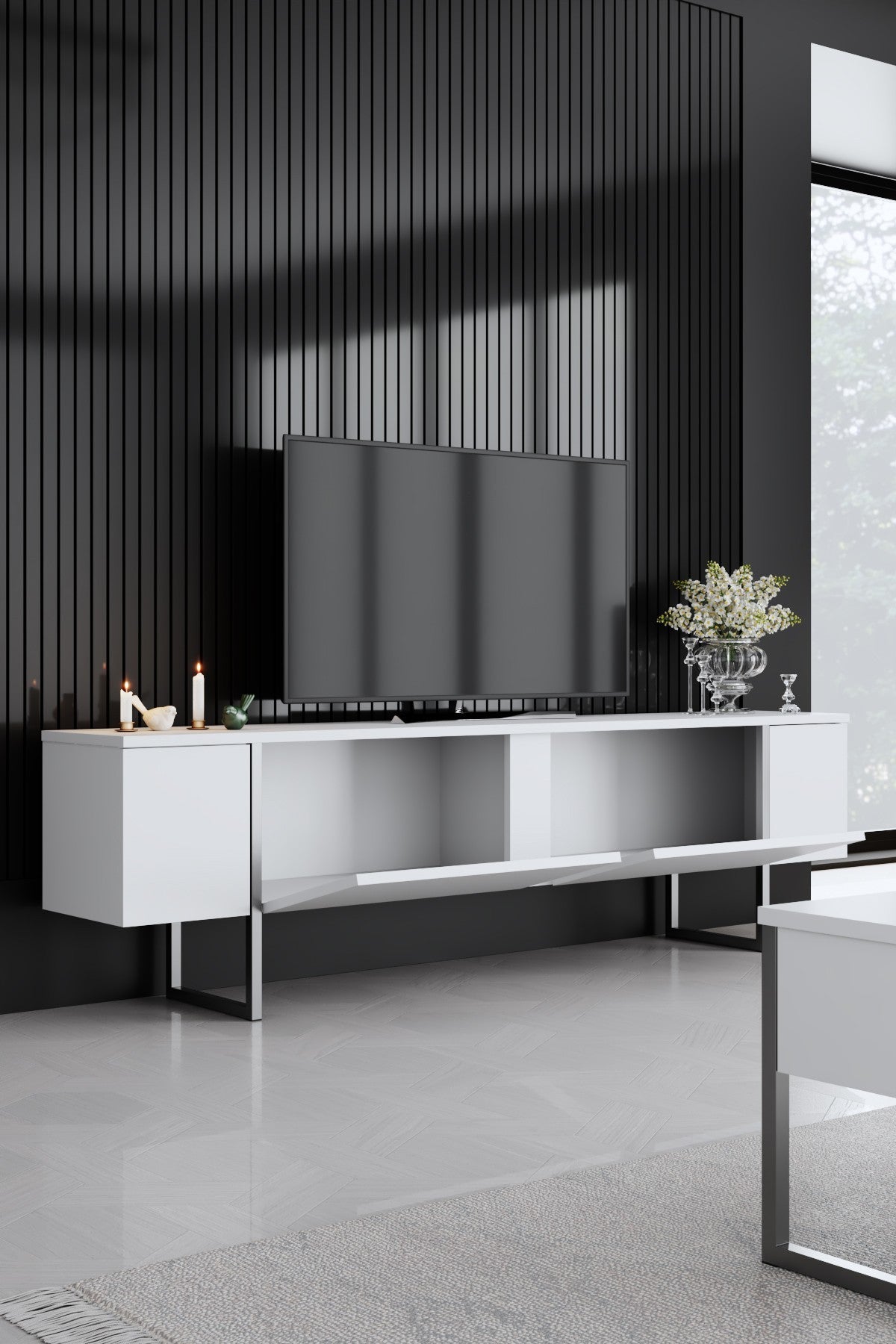 TV Meubels - TV Meubel Wit Luxe 180x50x30 - Zilver Frame - Dimehouse