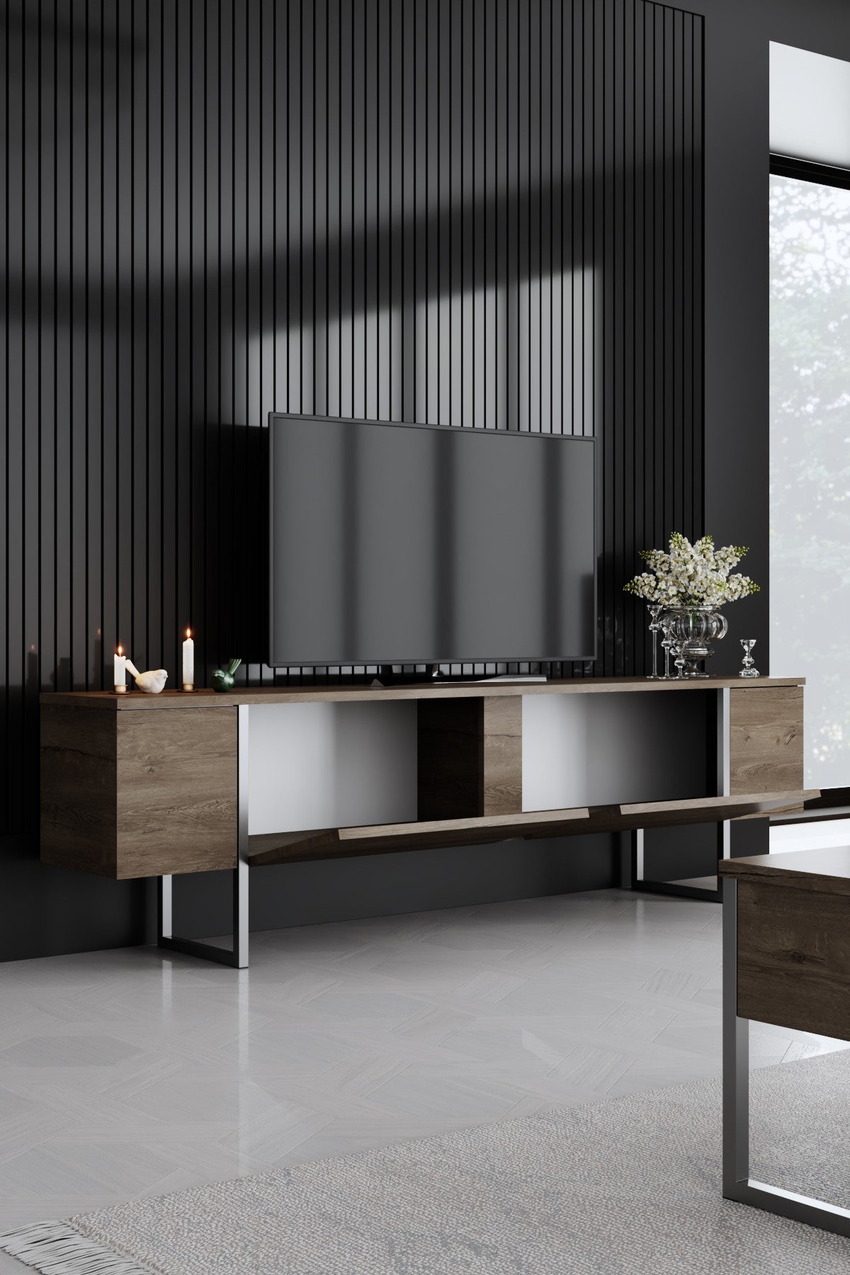 TV Meubels - TV Meubel Walnoot Luxe 180x50x30 - Zilver Frame - Dimehouse