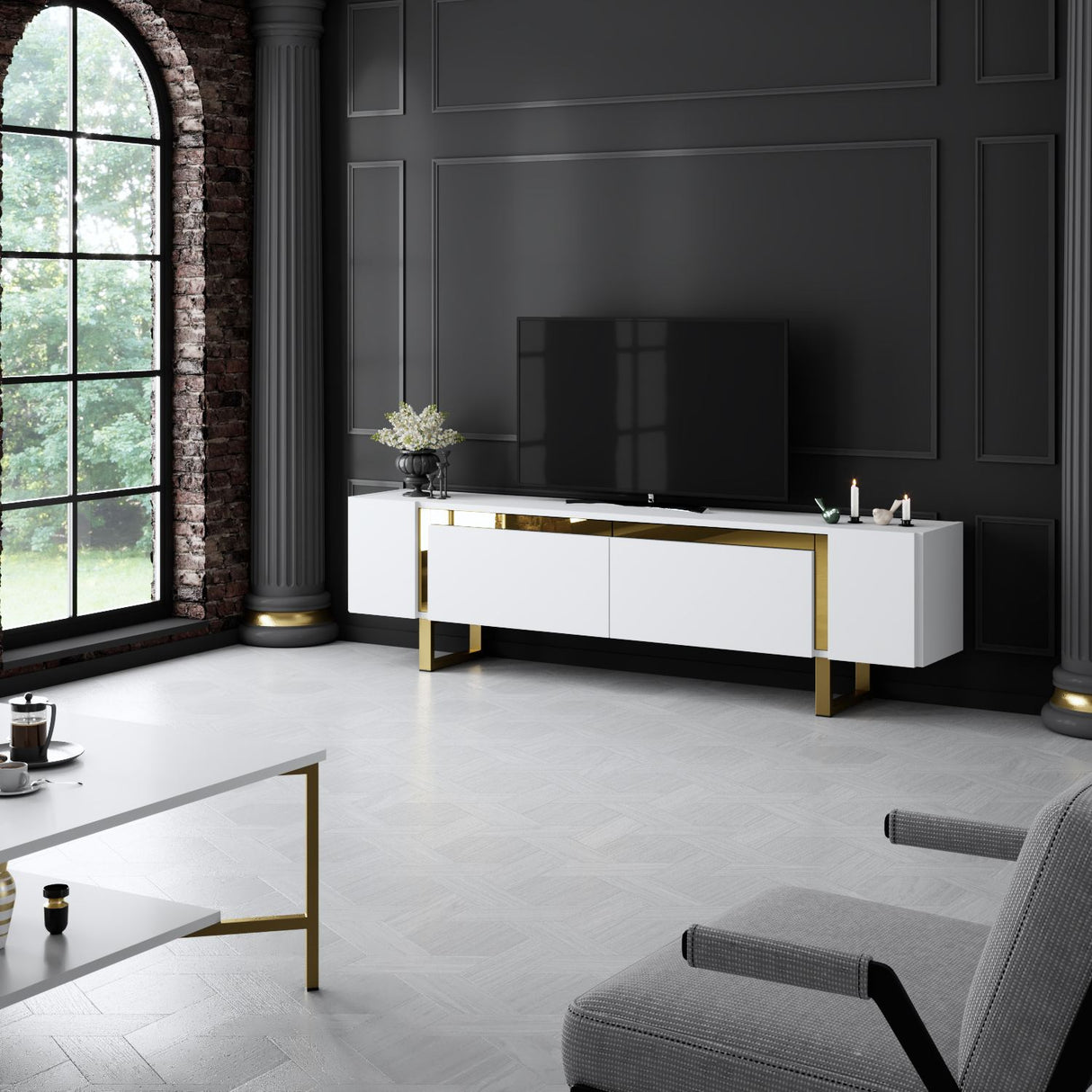 TV Meubels - TV Meubel Wit Yildiz 180x50x30 - Gouden Frame - Dimehouse