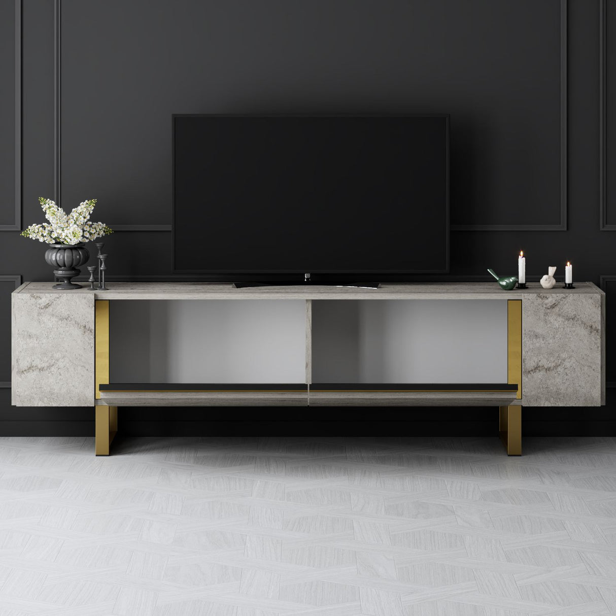 TV Meubels - TV Meubel Travertin Yildiz 180x50x30 - Gouden Frame - Dimehouse