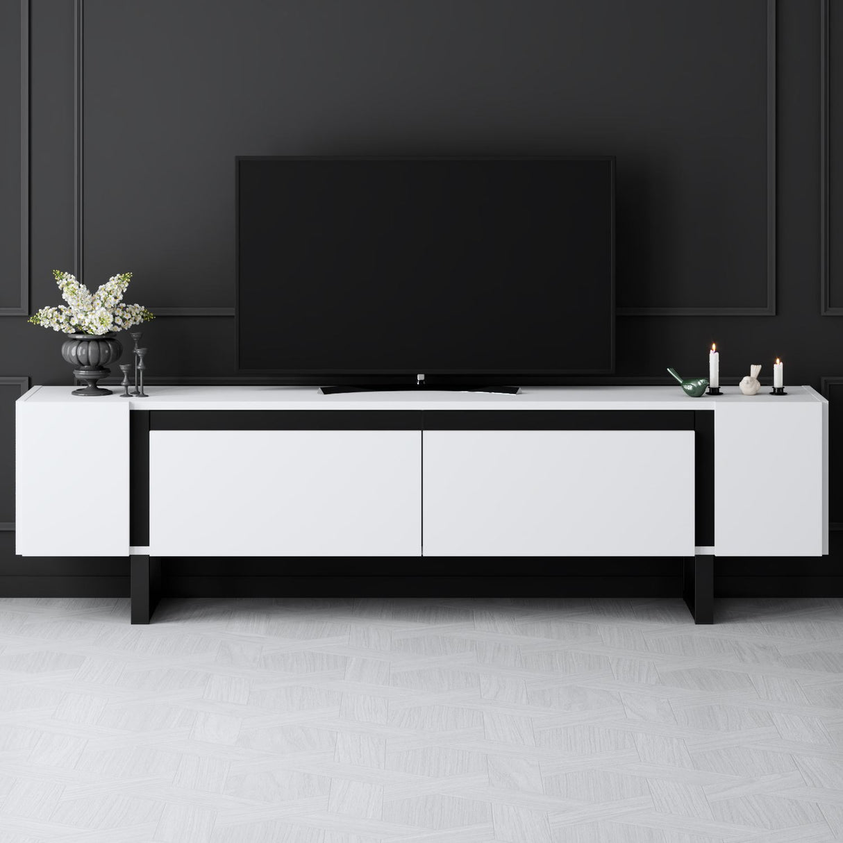 TV Meubels - TV Meubel Wit Yildiz 180x50x30 - Zwart Frame - Dimehouse