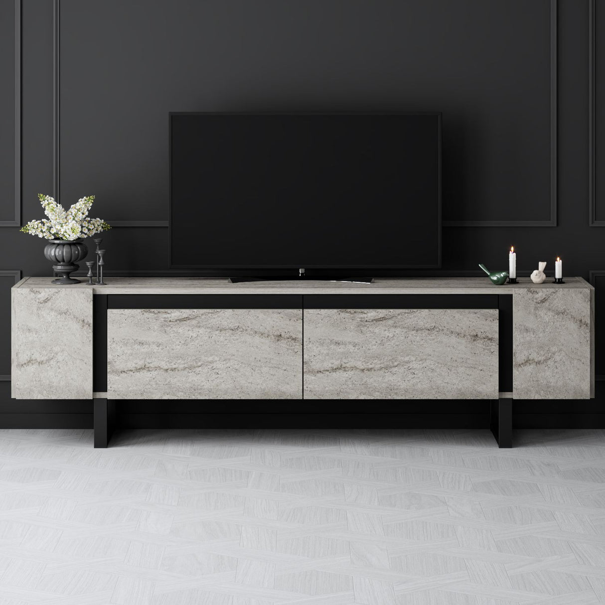 TV Meubels - TV Meubel Travertin Yildiz 180x50x30 - Zwart Frame - Dimehouse