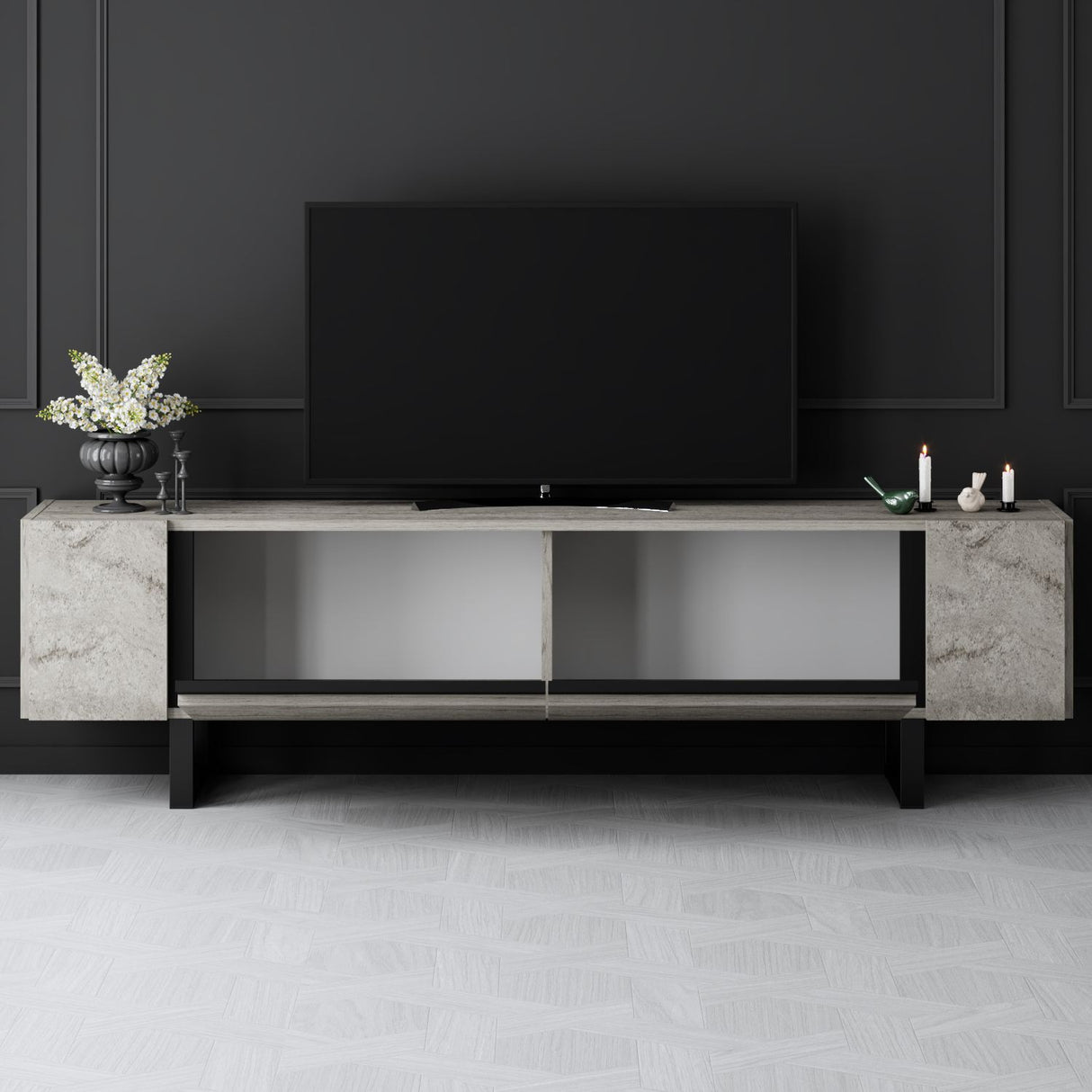 TV Meubels - TV Meubel Travertin Yildiz 180x50x30 - Zwart Frame - Dimehouse