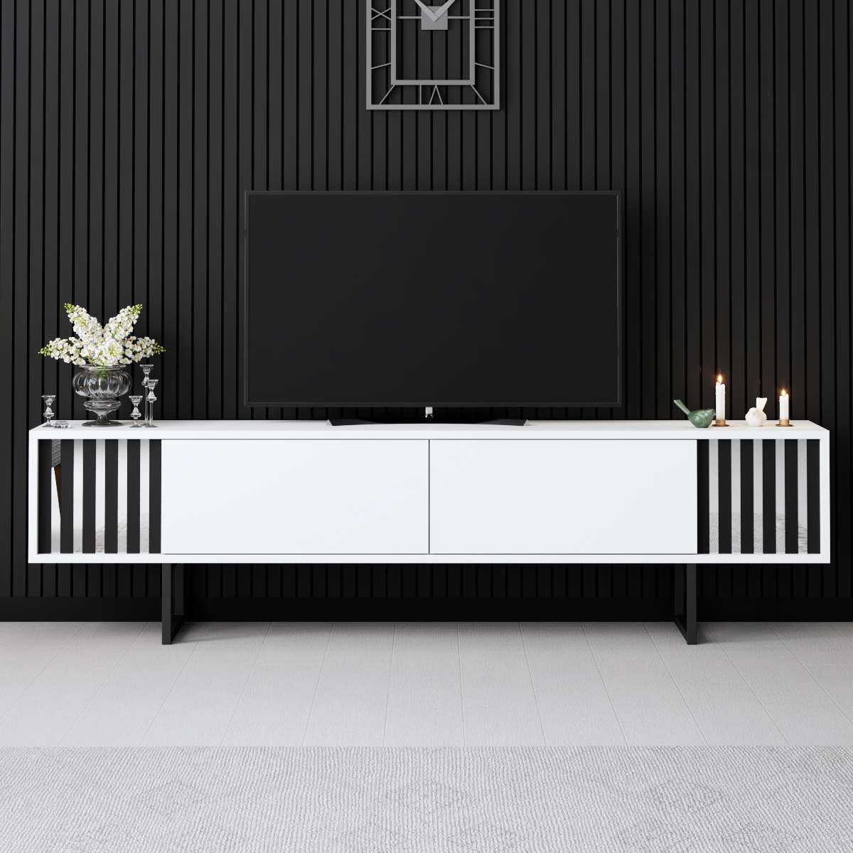 TV Meubels - TV Meubel Wit Chrome Line 180x48x30 - Zwart Frame - Dimehouse