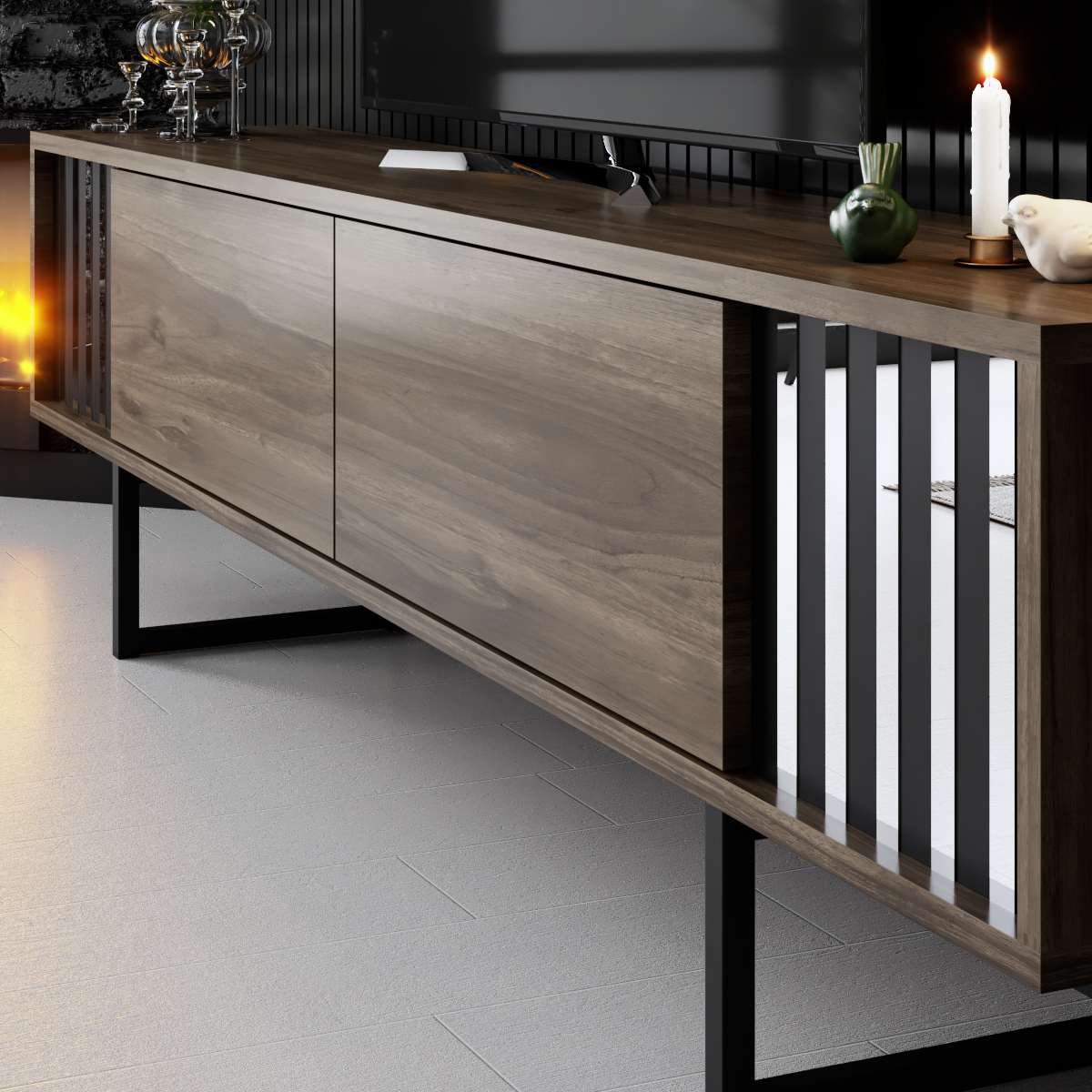TV Meubels - TV Meubel Walnoot Chrome Line 180x48x30 - Zwart Frame - Dimehouse