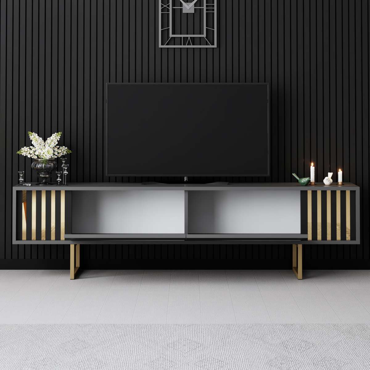TV Meubels - TV Meubel Antraciet Gold Line 180x48x30 - Gouden Frame - Dimehouse