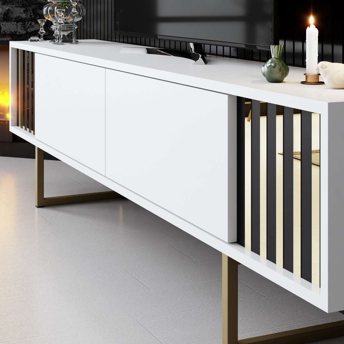 TV Meubels - TV Meubel Wit Gold Line 180x48x30 - Gouden Frame - Dimehouse
