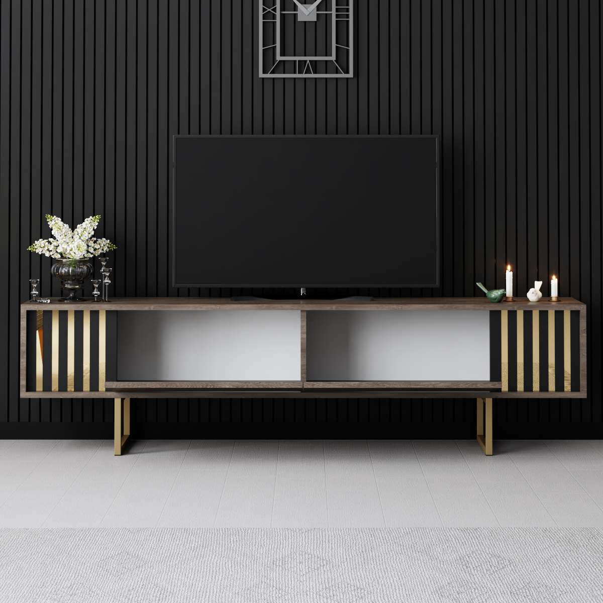 TV Meubels - TV Meubel Walnoot Gold Line 180x48x30 - Gouden Frame - Dimehouse