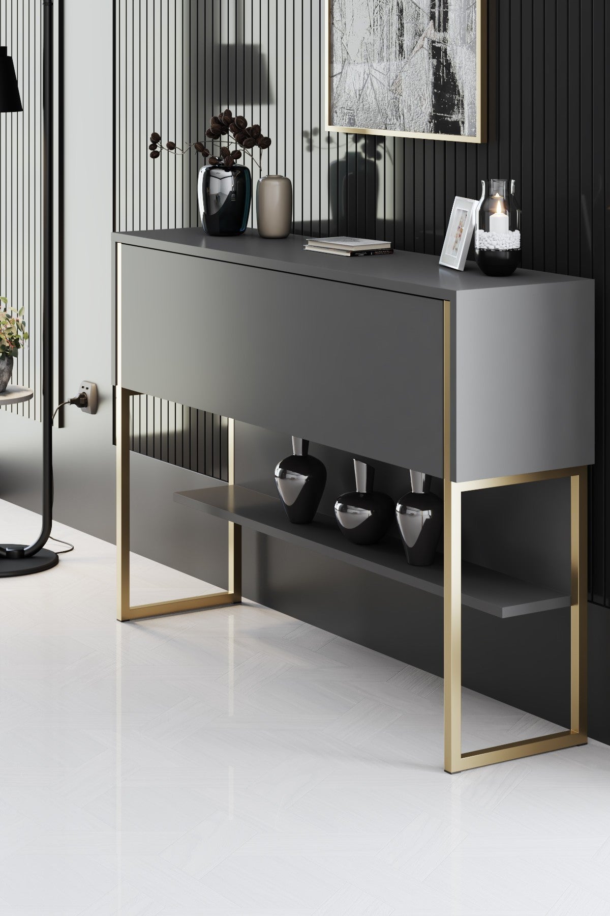 Modern Sideboard Anthracite Luxury 120x80x30 - Golden Frame - One Compartment