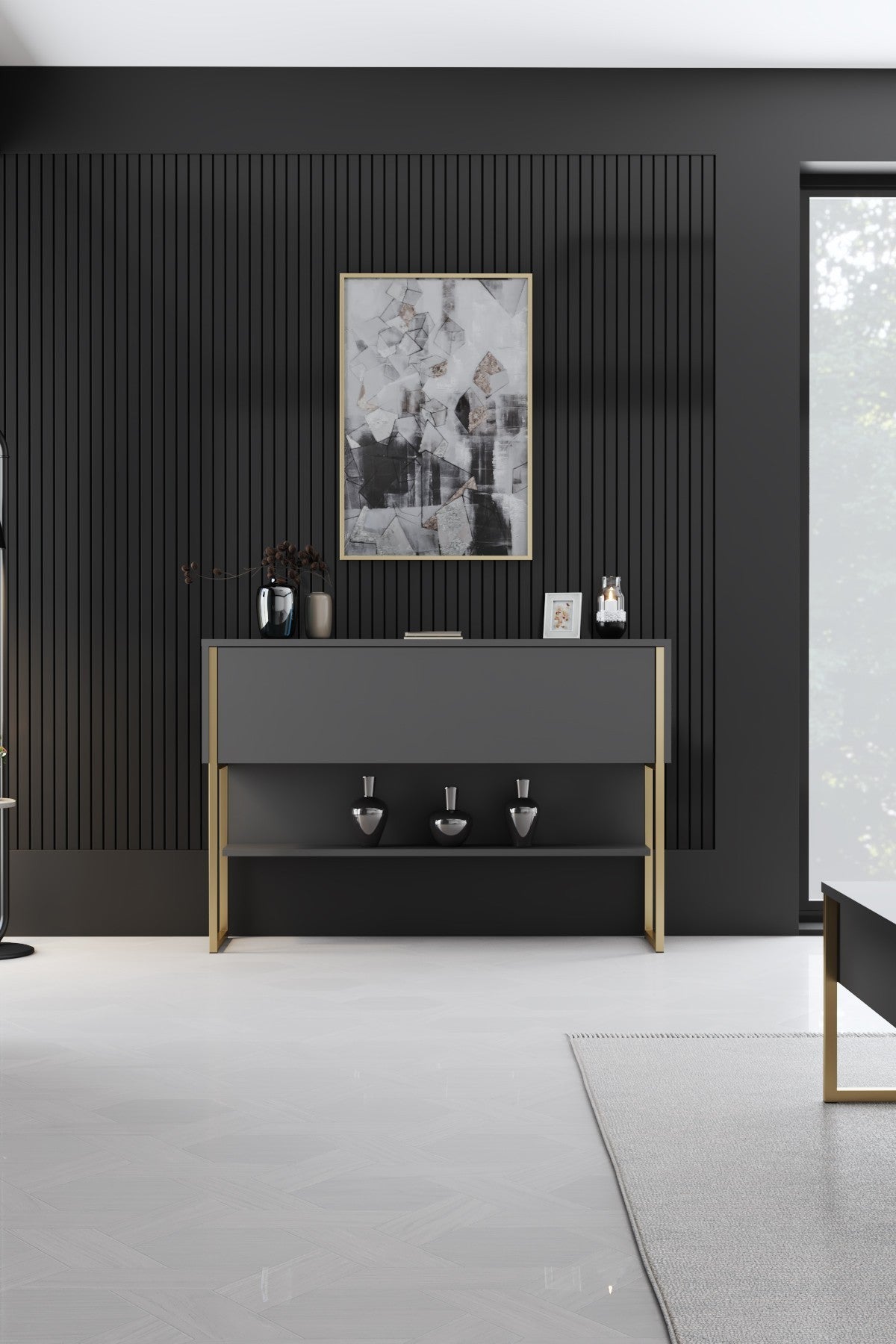 Modern Sideboard Anthracite Luxury 120x80x30 - Golden Frame - One Compartment