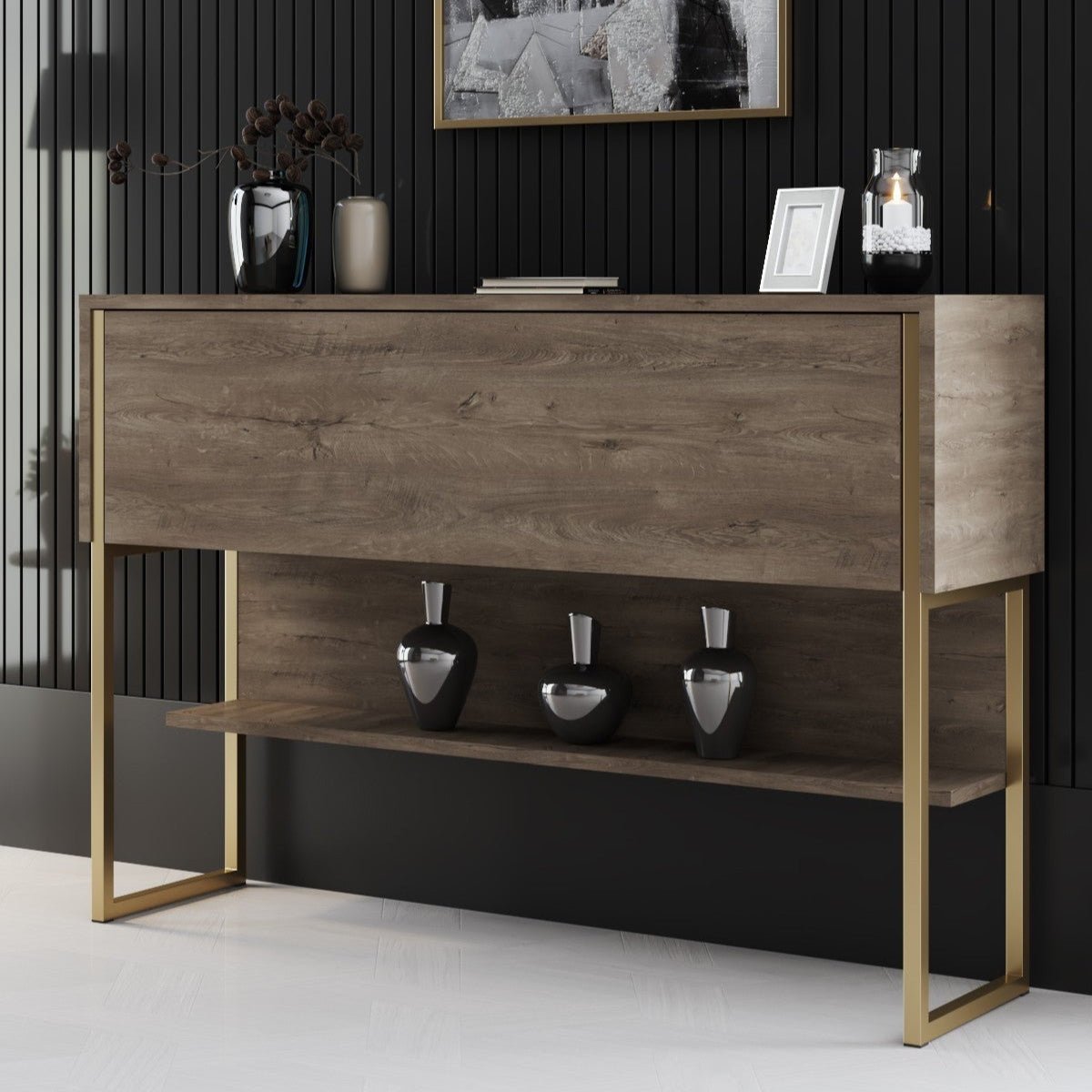 Modern Walnut Sideboard Luxury 120x80x30 - Golden Frame - One Compartment