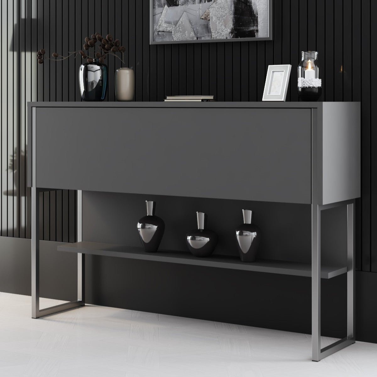 Modern Sideboard Anthracite Luxury 120x80x30 - Silver Frame - One Compartment