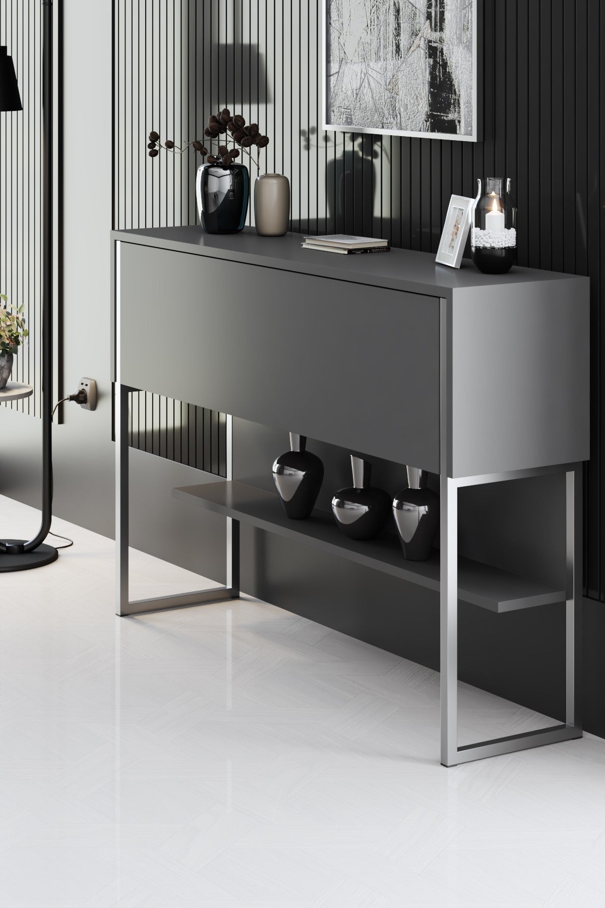 Modern Sideboard Anthracite Luxury 120x80x30 - Silver Frame - One Compartment