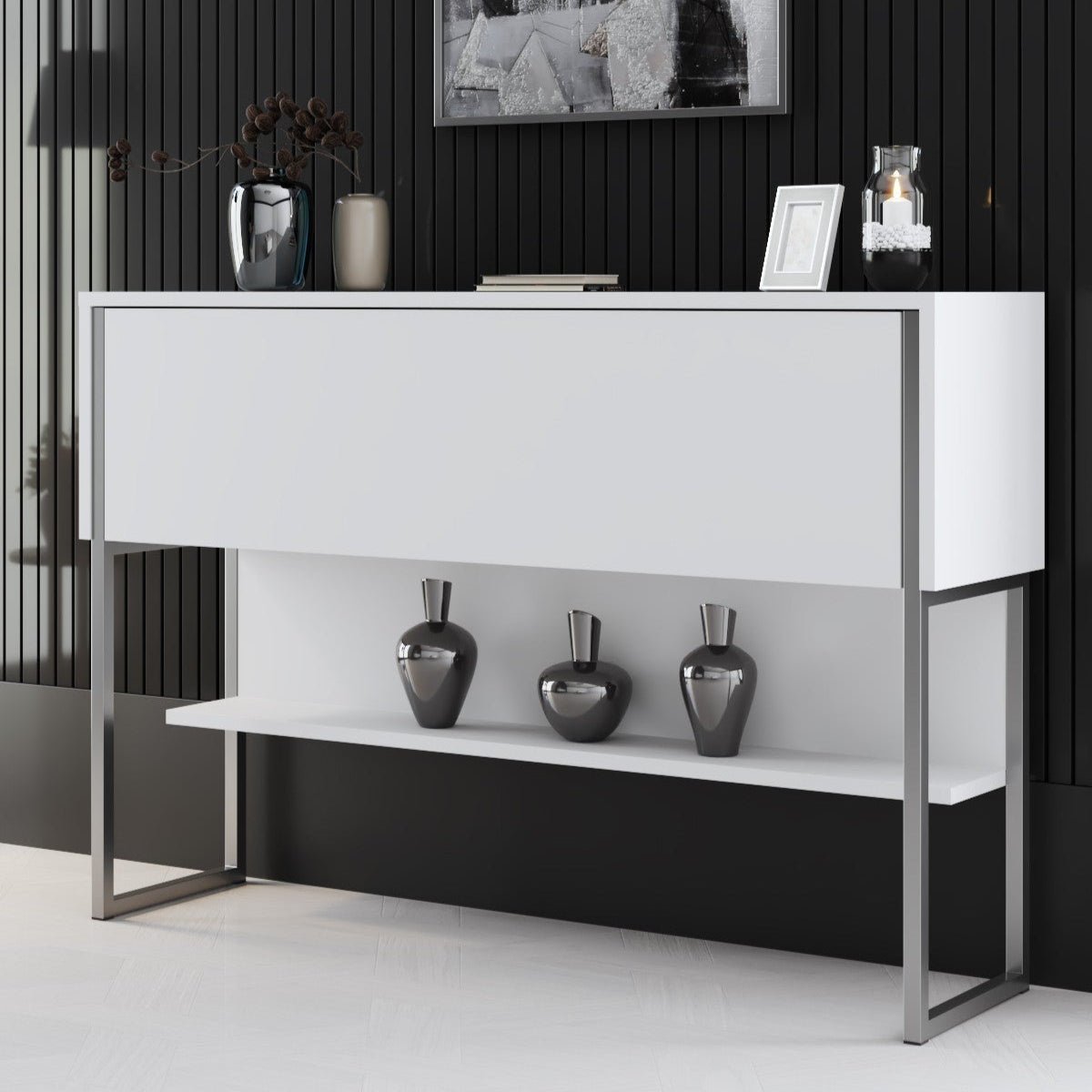Modern Sideboard White Luxury 120x80x30 - Silver Frame - One Compartment