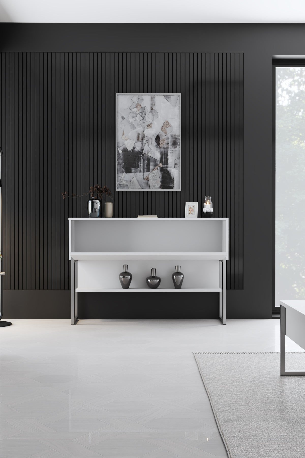 Modern Sideboard White Luxury 120x80x30 - Silver Frame - One Compartment