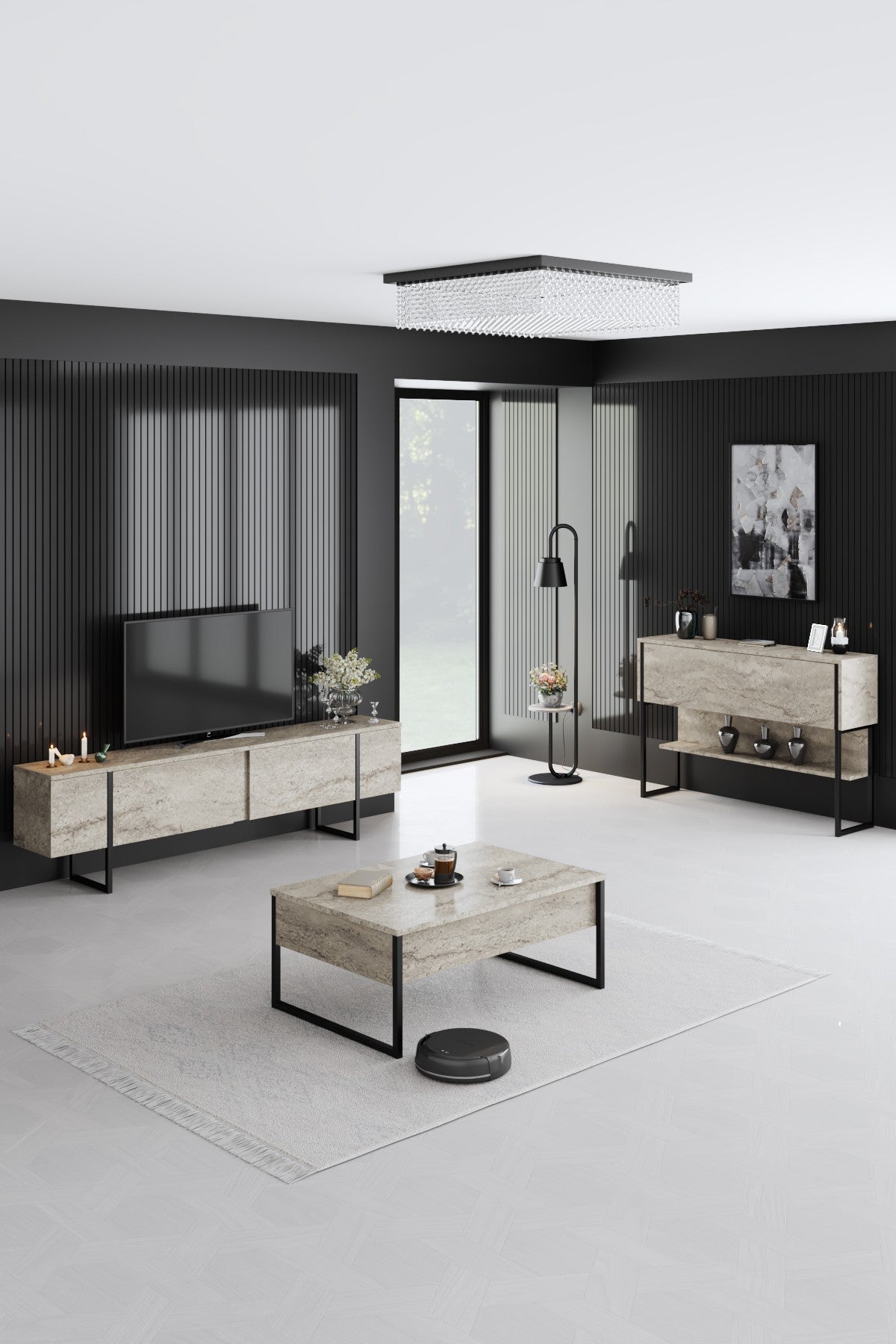 Modern Sideboard Travertine Luxury 120x80x35 - Black Frame - One Compartment